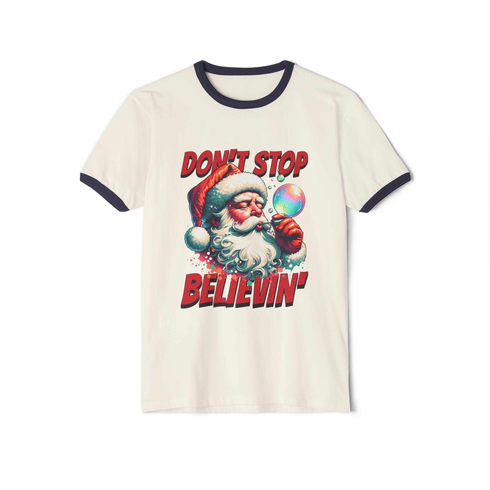 Christmas 'Don't Stop Believin'' Santa Graphic Holiday Tee Ringer T‑Shirt