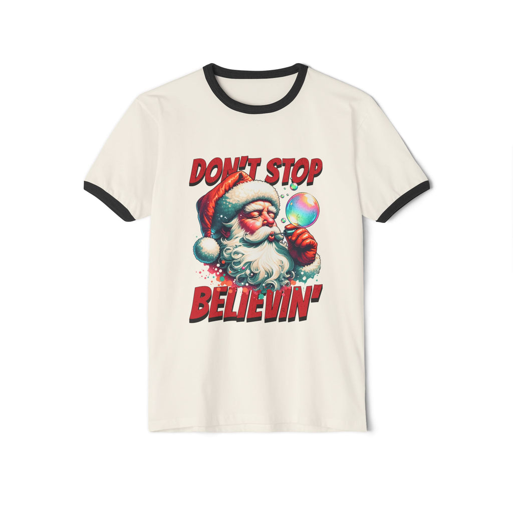 Christmas 'Don't Stop Believin'' Santa Graphic Holiday Tee Ringer T‑Shirt