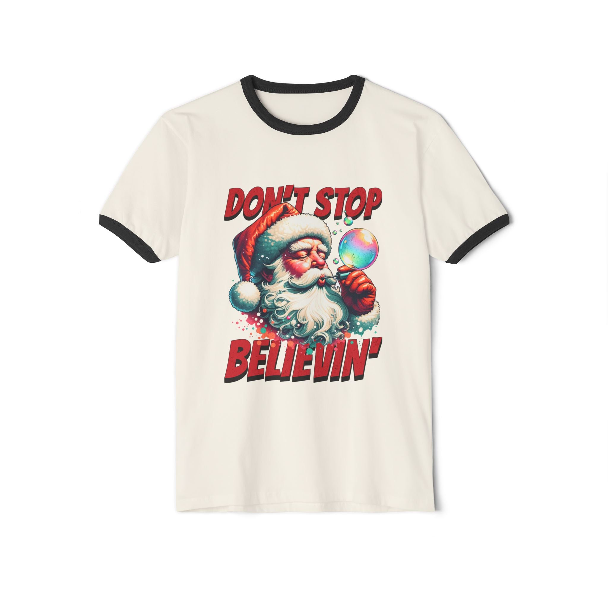Christmas 'Don't Stop Believin'' Santa Graphic Holiday Tee Ringer T‑Shirt