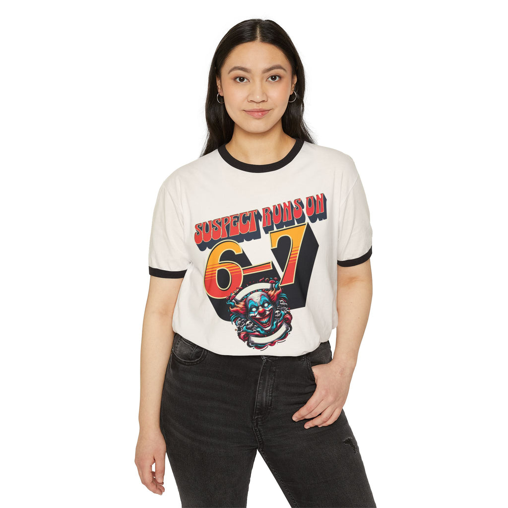 Suspect Runs On 6-7 Retro Clown Graphic Ringer T‑Shirt