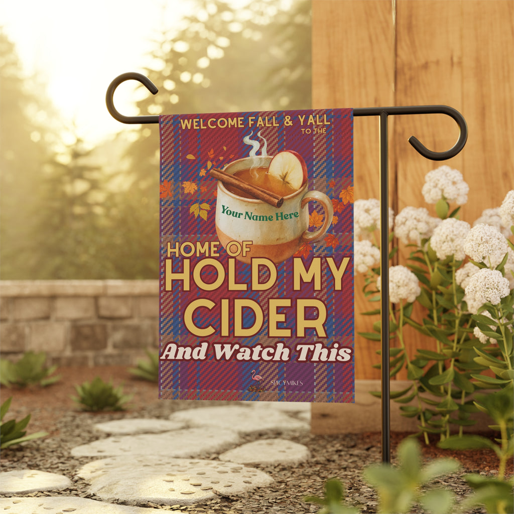 “Home of Hold My Cider and Watch This” Red/Blue Plaid Personalized Welcome Banner Fall Cider Garden Flag –