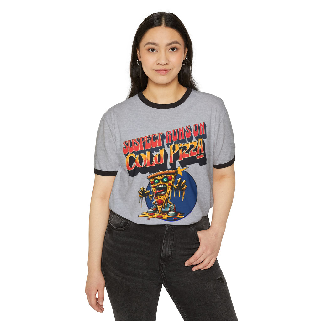 Suspect Runs On Cold Zombie Pizza Graphic Ringer T-Shirt