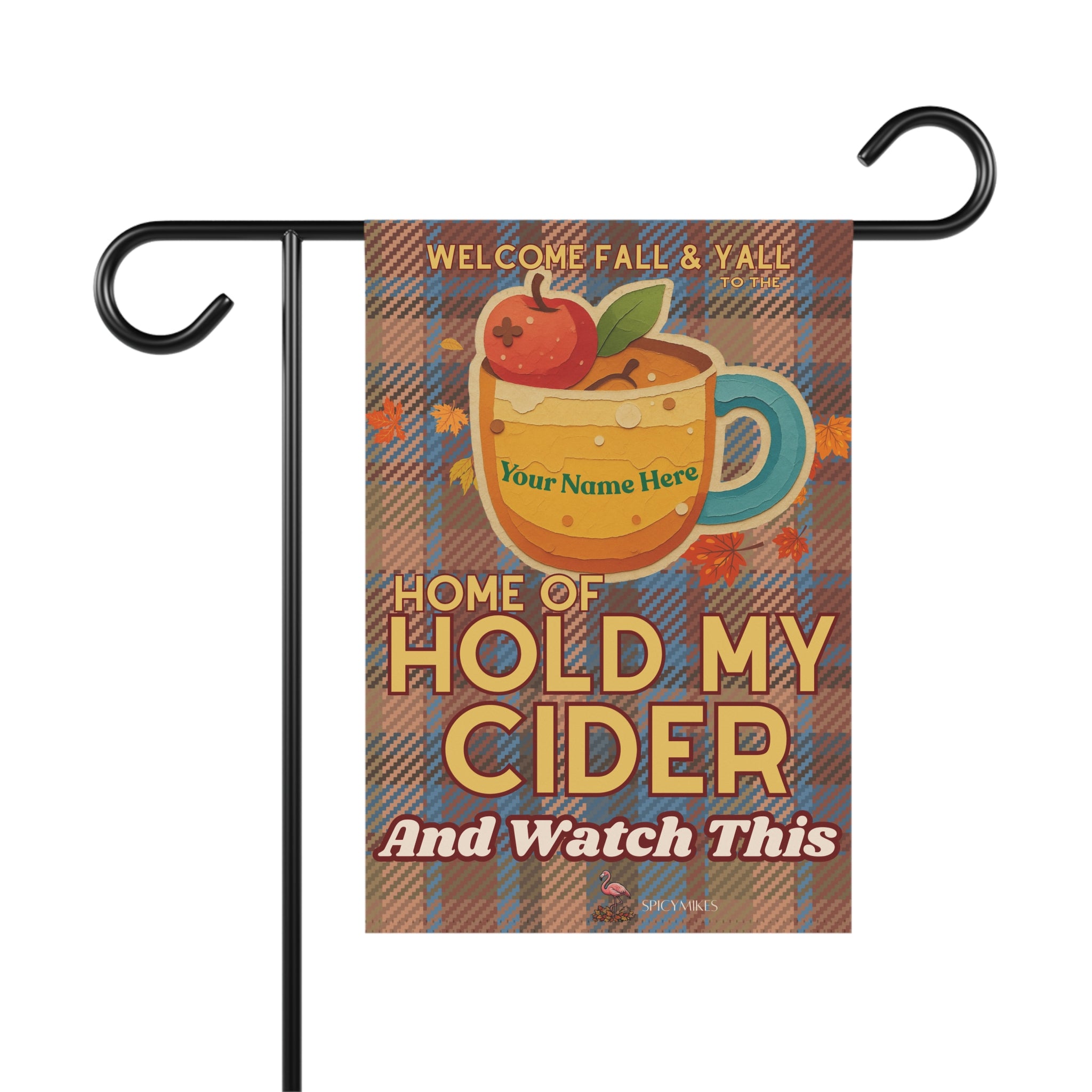 "Home of Hold My Cider" Brown/Blue Plaid Fall Welcome Banner (Custom Name) Garden Flag —