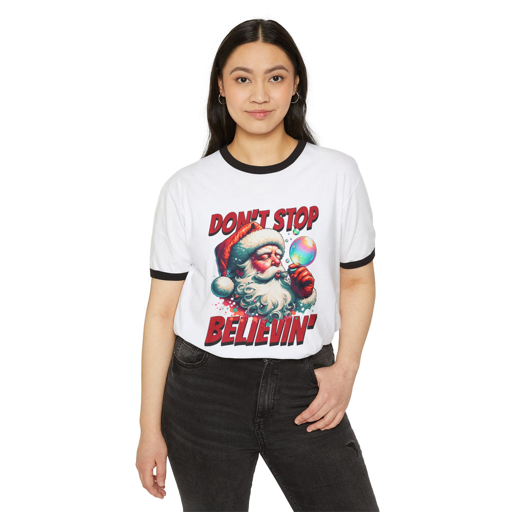 Christmas 'Don't Stop Believin'' Santa Graphic Holiday Tee Ringer T‑Shirt