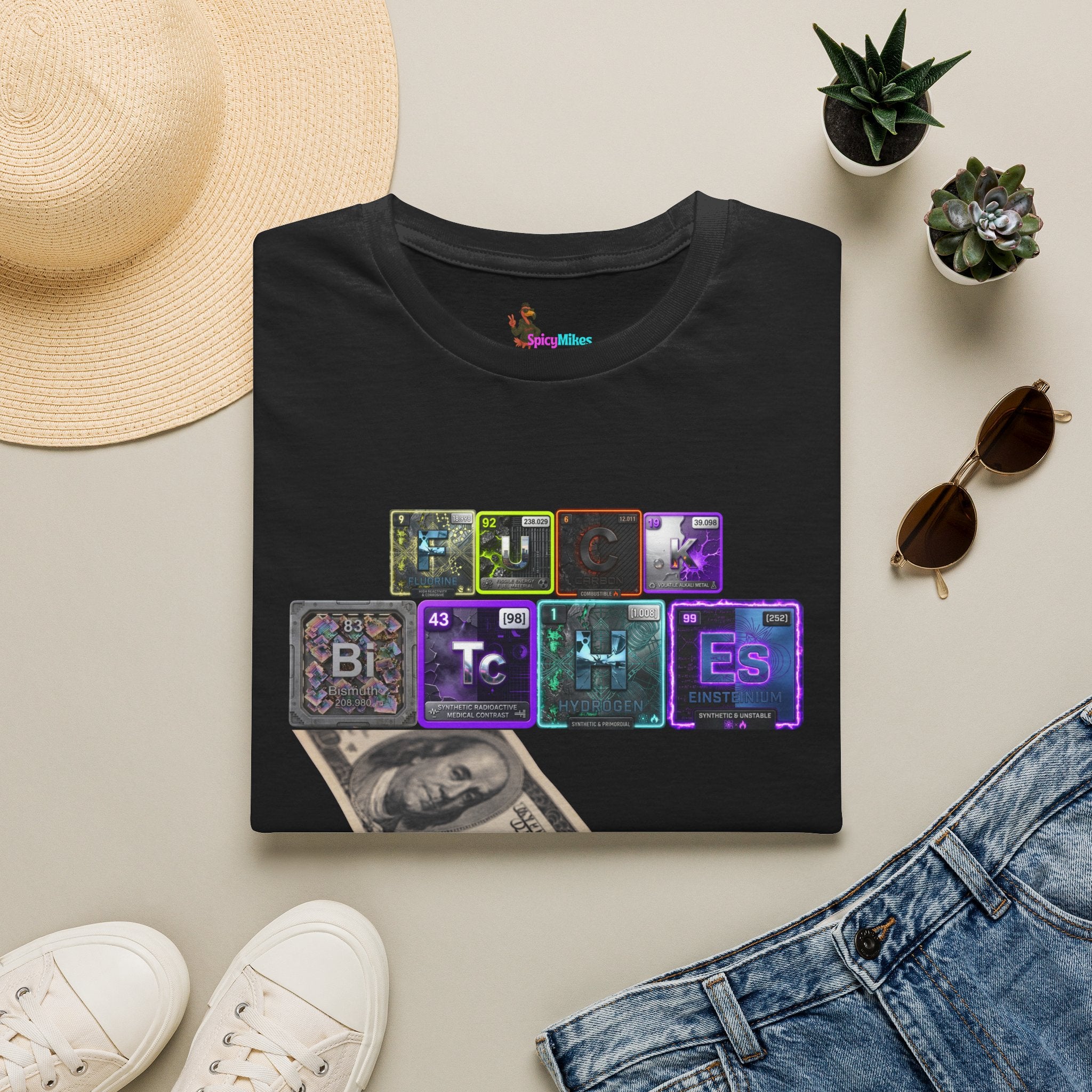 Get Money 100 dollar bill Tee — Retro Neon Periodic Table Design