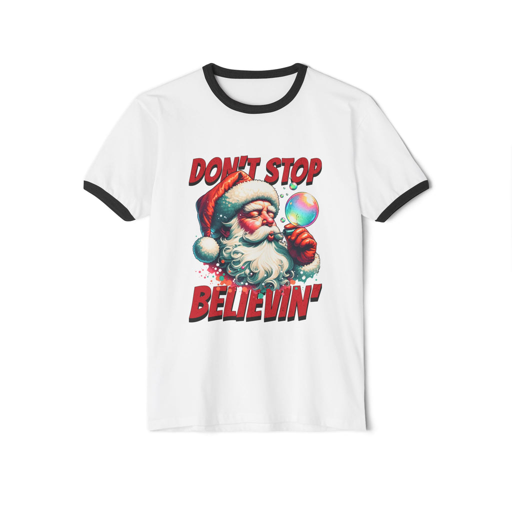 Christmas 'Don't Stop Believin'' Santa Graphic Holiday Tee Ringer T‑Shirt