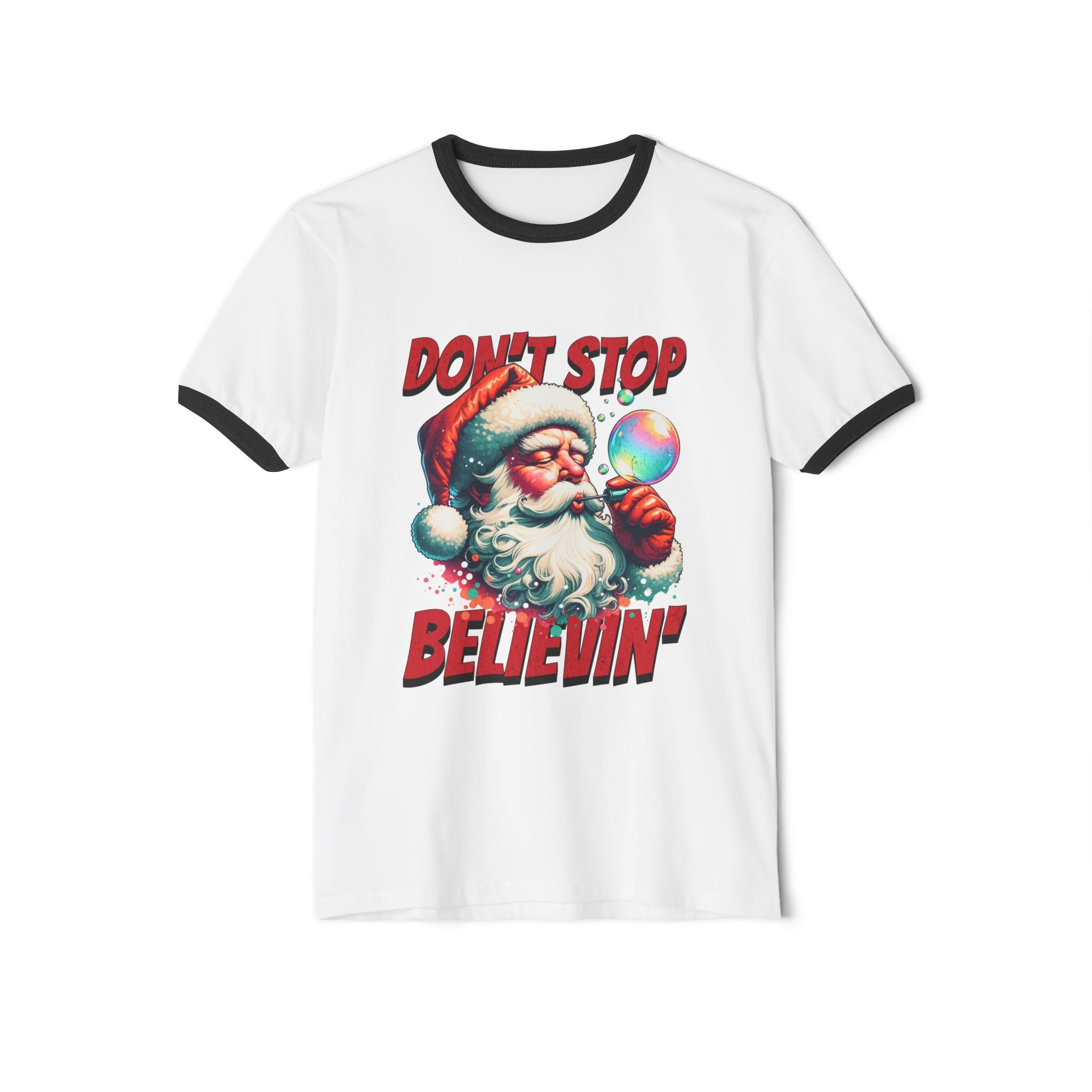 Christmas 'Don't Stop Believin'' Santa Graphic Holiday Tee Ringer T‑Shirt