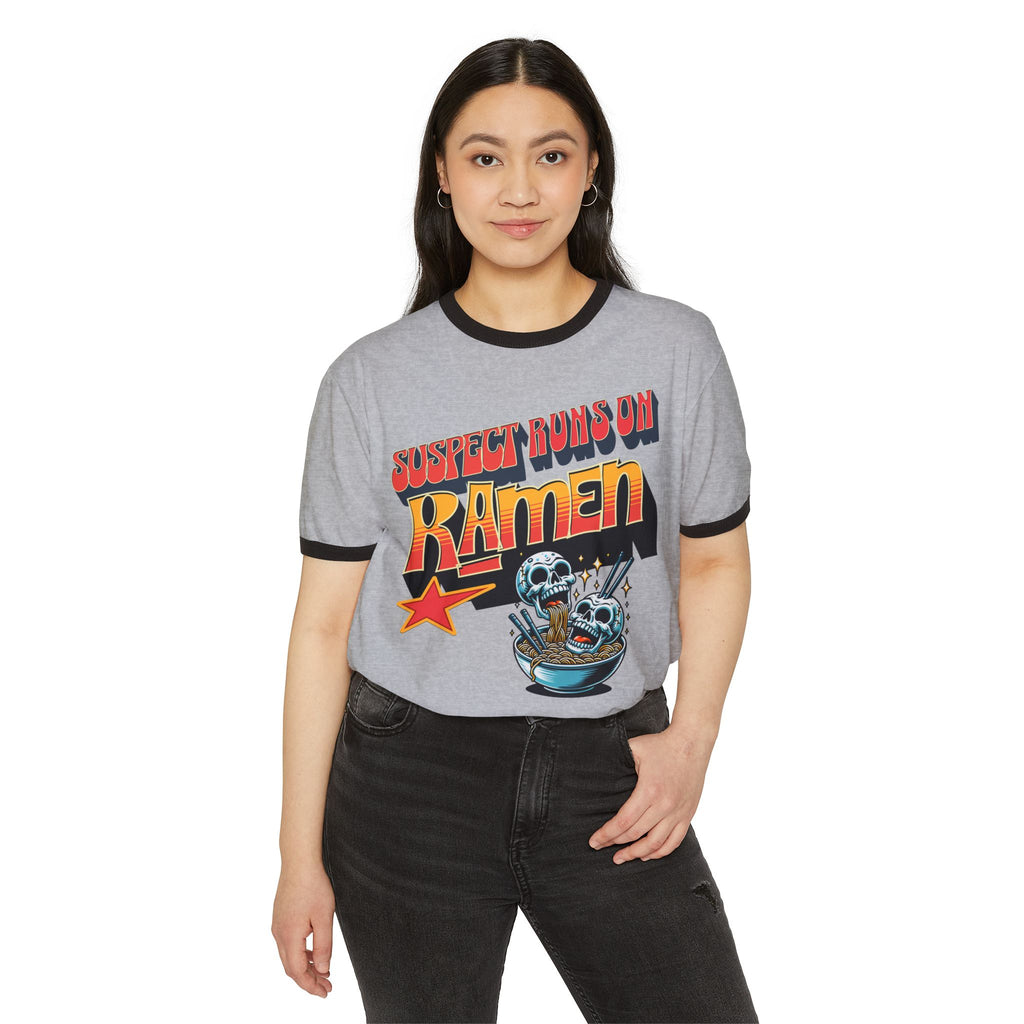 Suspect Runs On Ramen Skull Graphic Ringer Tee