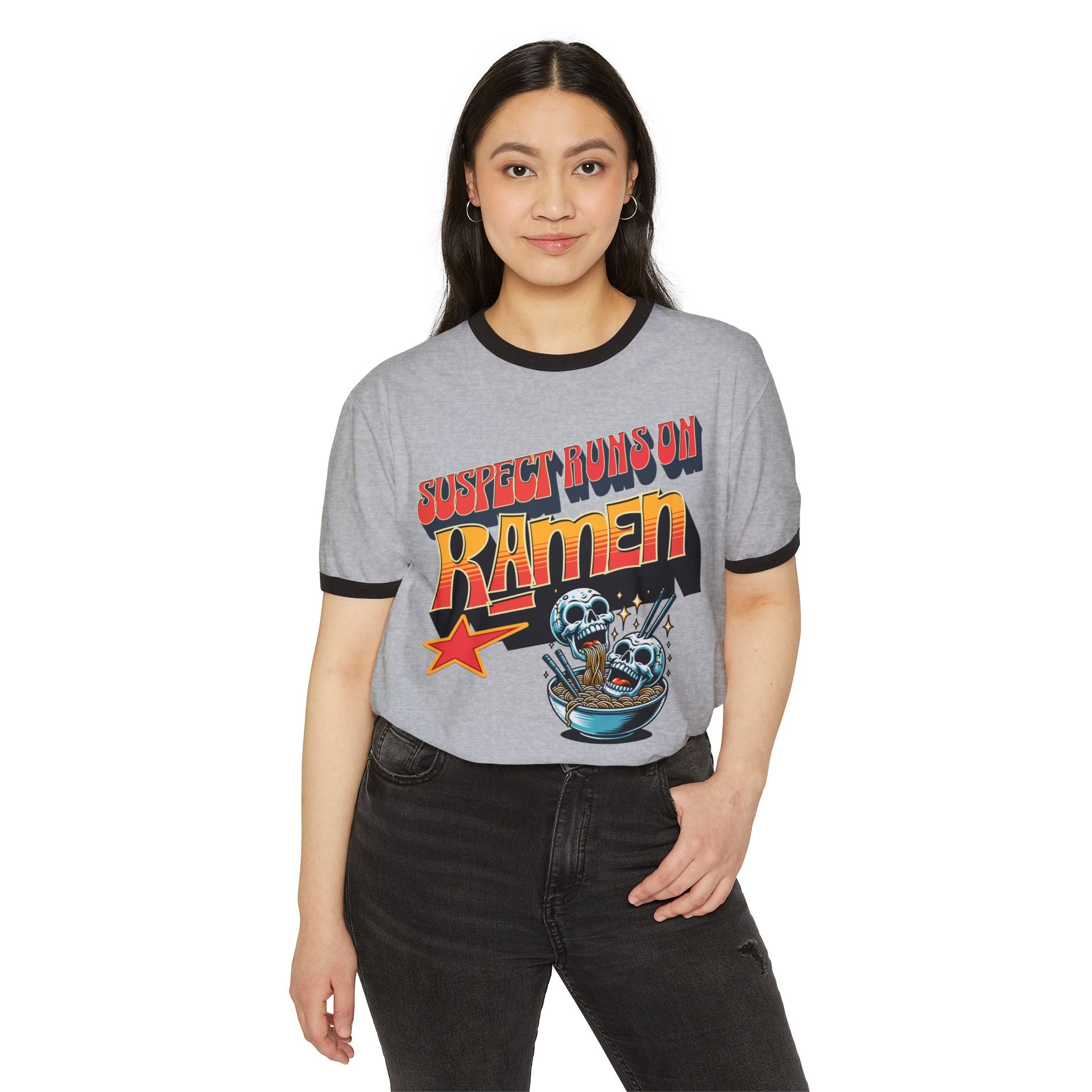 Suspect Runs On Ramen Skull Graphic Ringer Tee