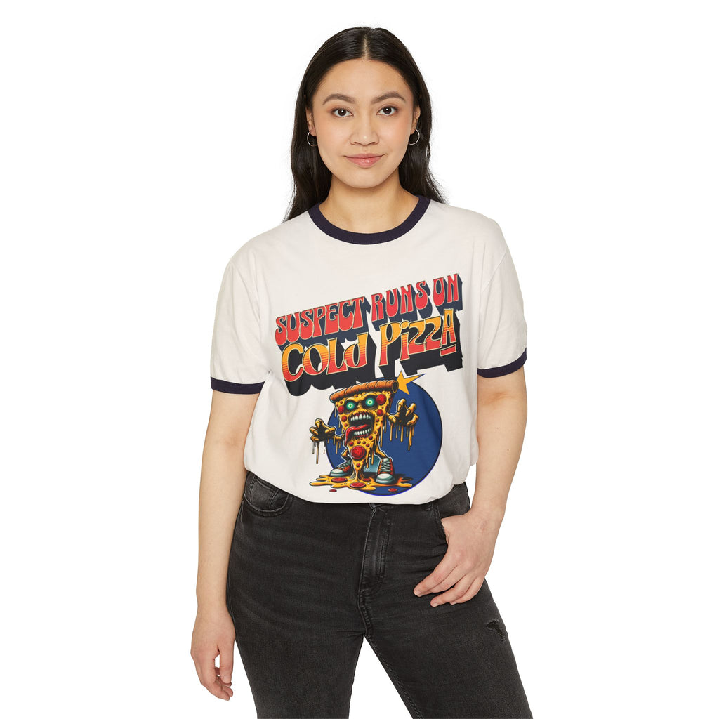 Suspect Runs On Cold Zombie Pizza Graphic Ringer T-Shirt