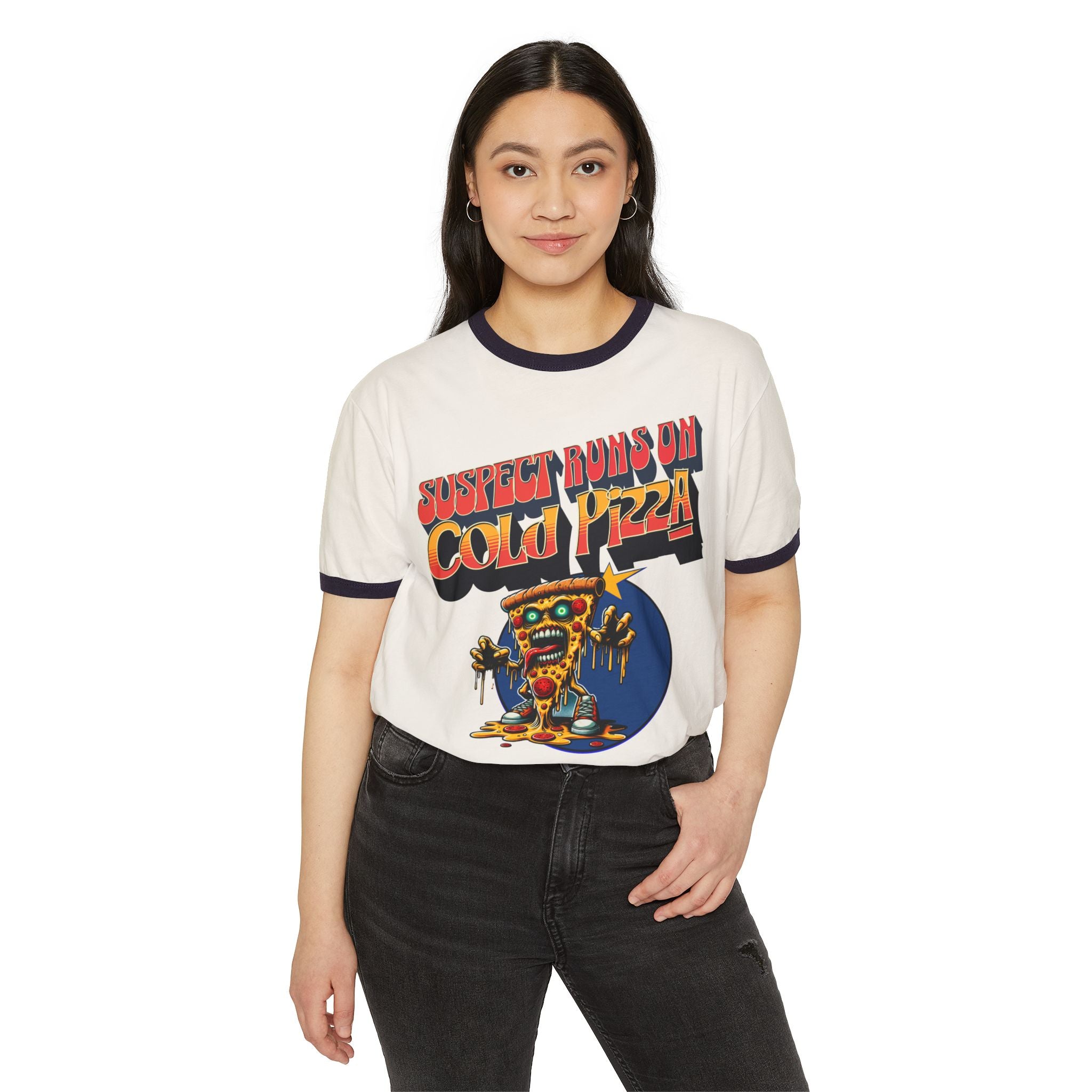 Suspect Runs On Cold Zombie Pizza Graphic Ringer T-Shirt