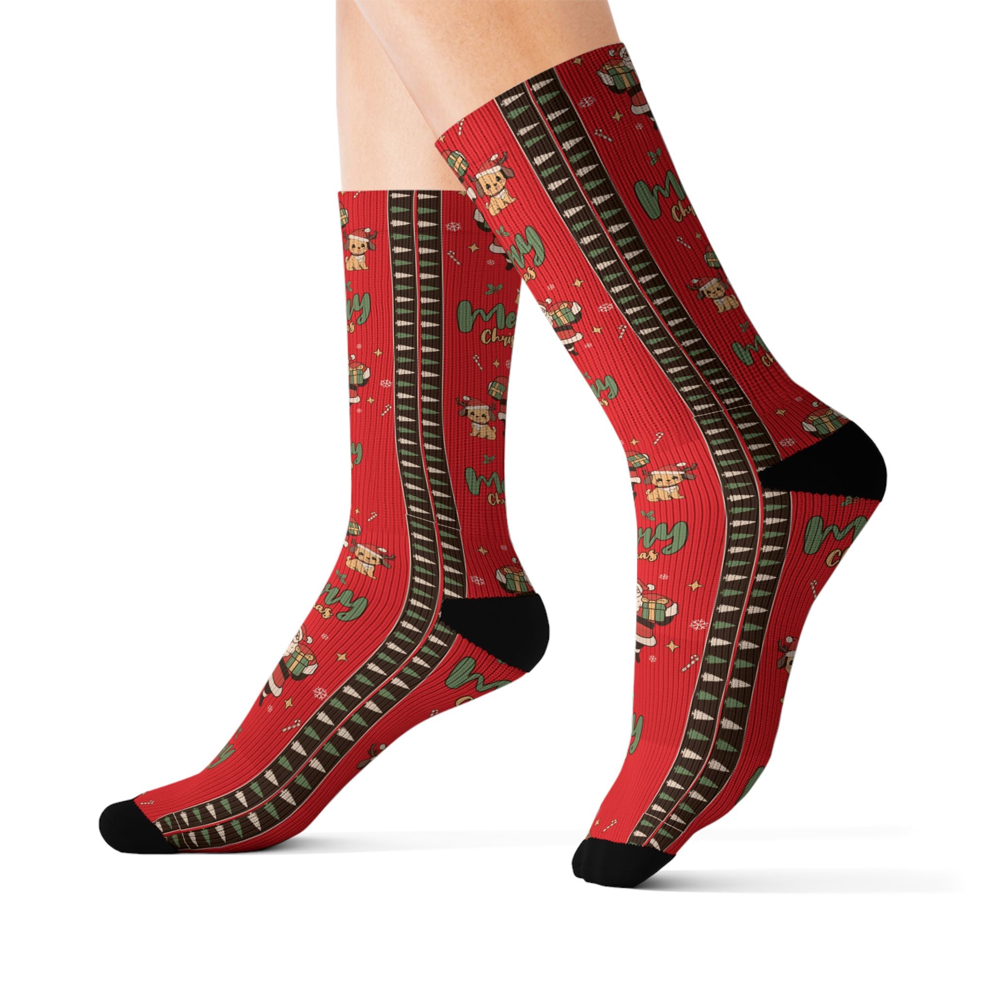 Christmas Santa Pattern Sublimation Socks — Merry & Bright Holiday Crew Socks