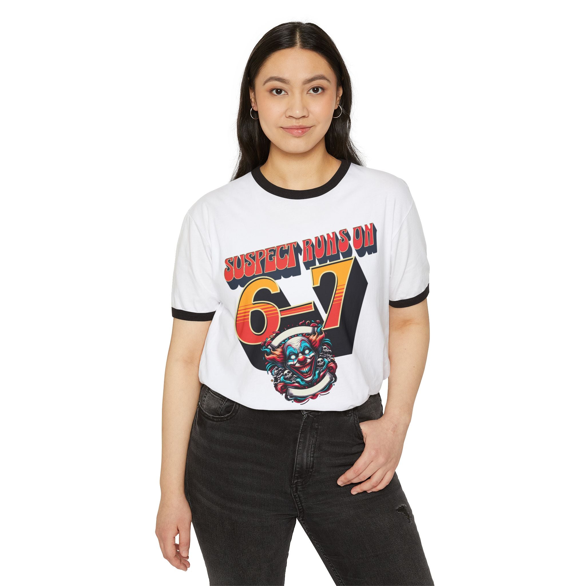 Suspect Runs On 6-7 Retro Clown Graphic Ringer T‑Shirt
