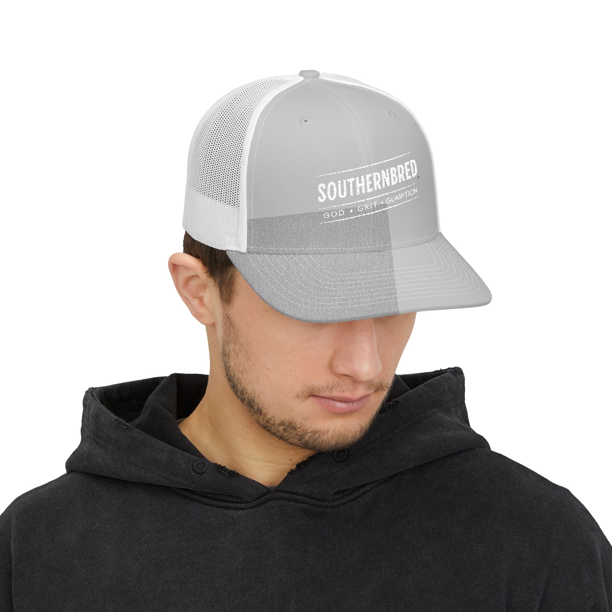 Southernbred God, Grit, & Gumption Embroidered Trucker Snapback Mesh Cap