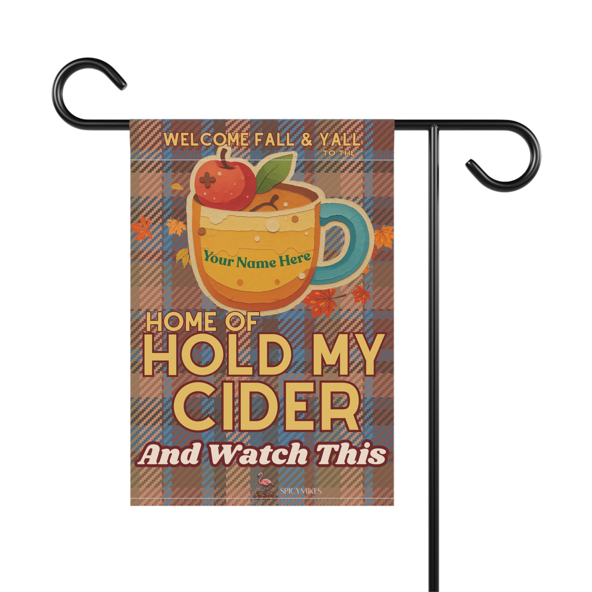 "Home of Hold My Cider" Brown/Blue Plaid Fall Welcome Banner (Custom Name) Garden Flag —