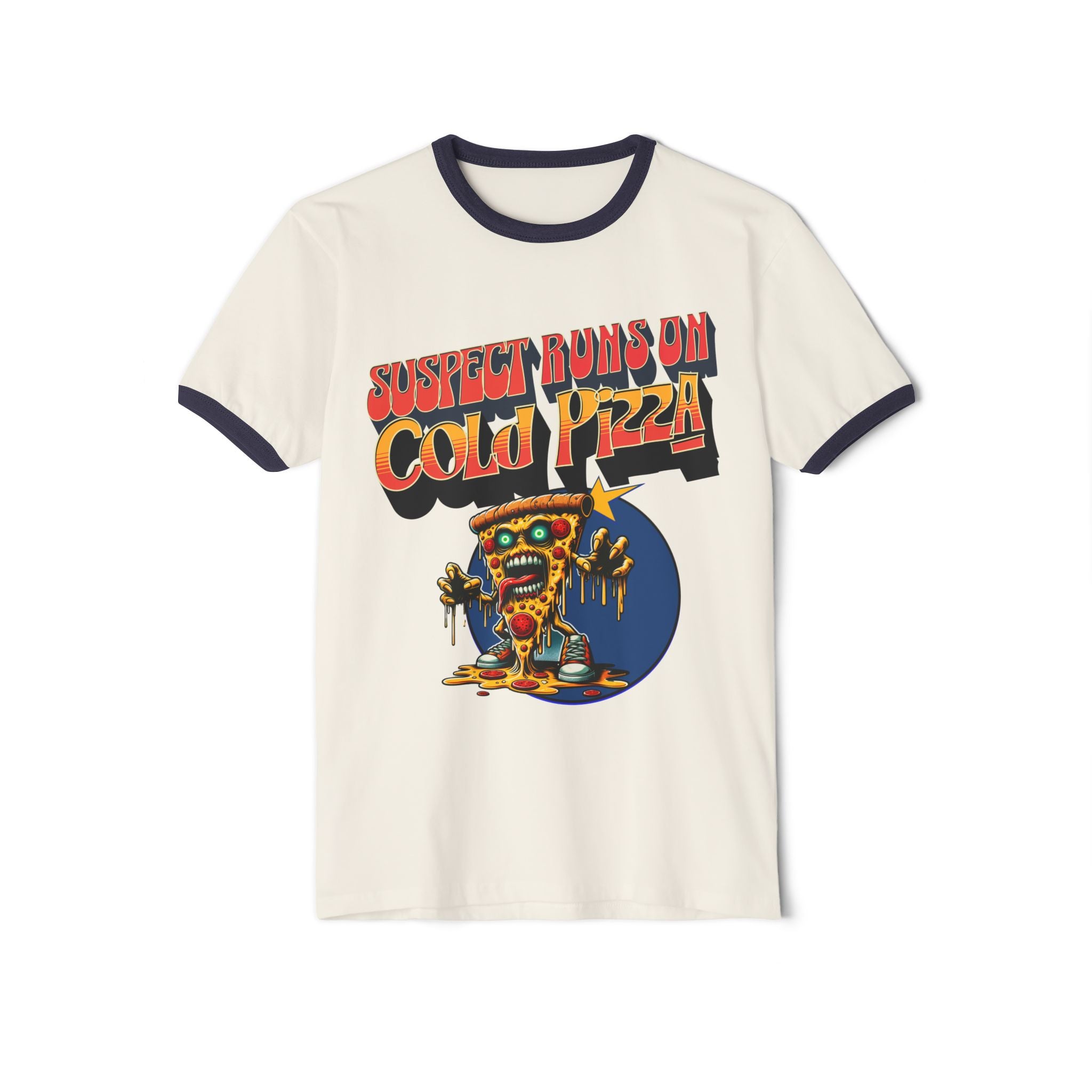 Suspect Runs On Cold Zombie Pizza Graphic Ringer T-Shirt