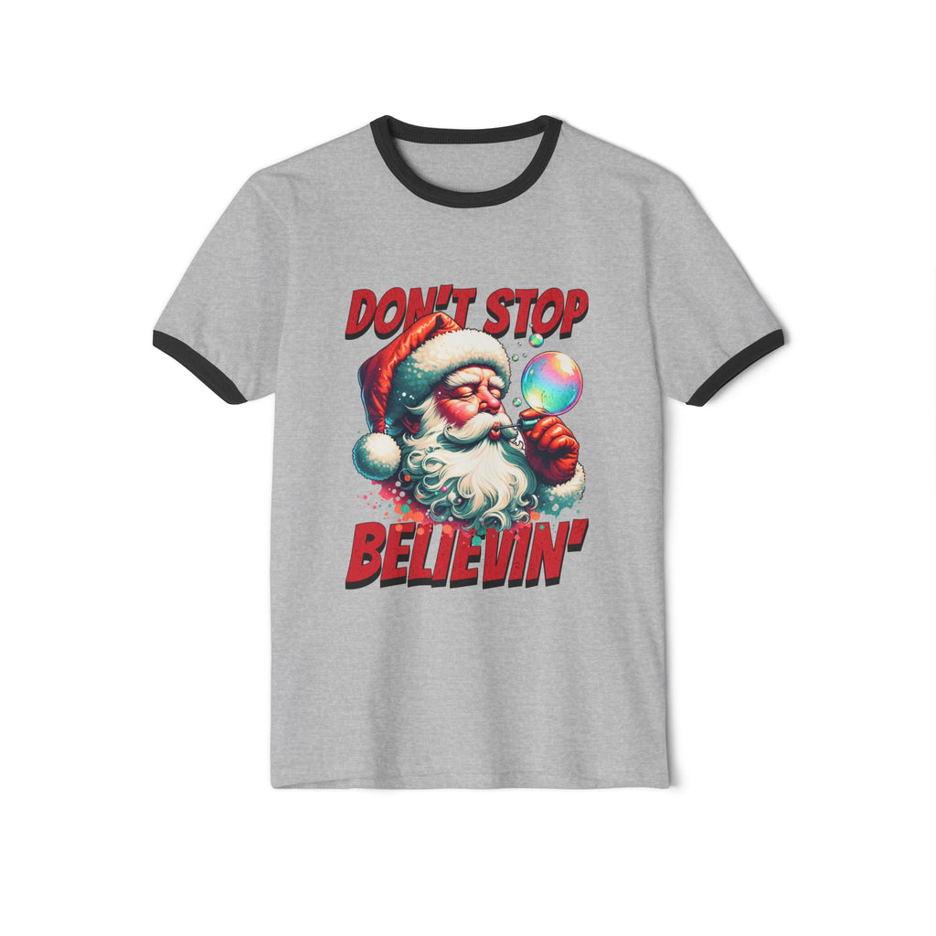 Christmas 'Don't Stop Believin'' Santa Graphic Holiday Tee Ringer T‑Shirt