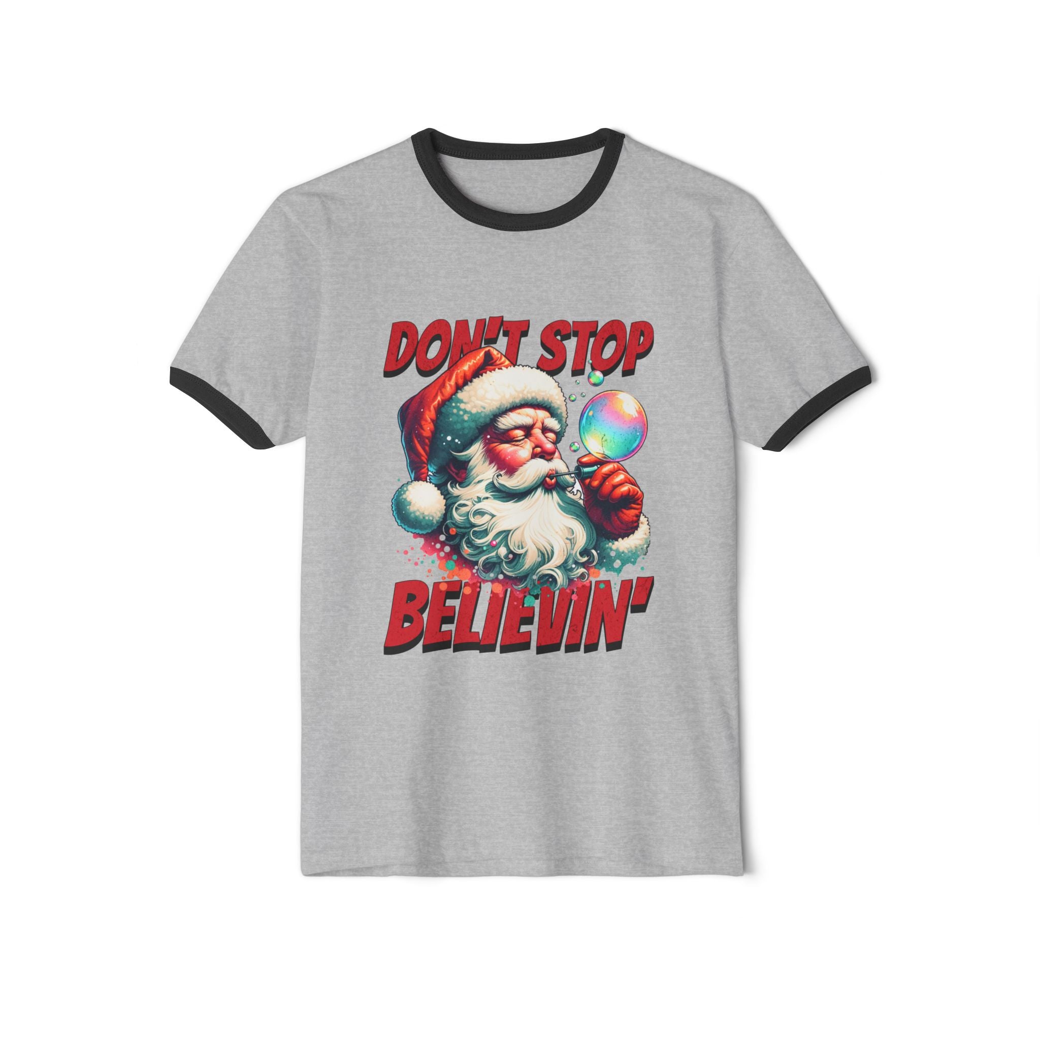 Christmas 'Don't Stop Believin'' Santa Graphic Holiday Tee Ringer T‑Shirt
