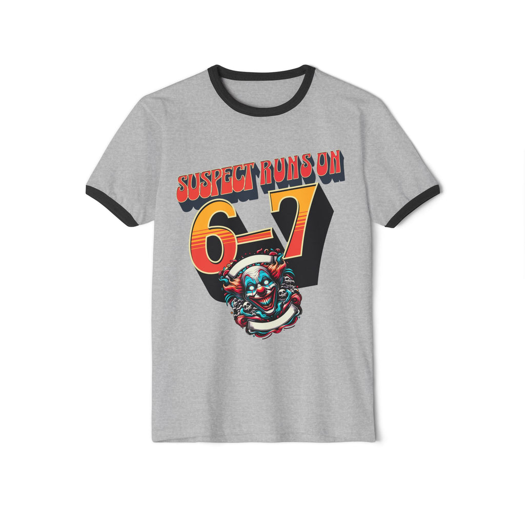 Suspect Runs On 6-7 Retro Clown Graphic Ringer T‑Shirt