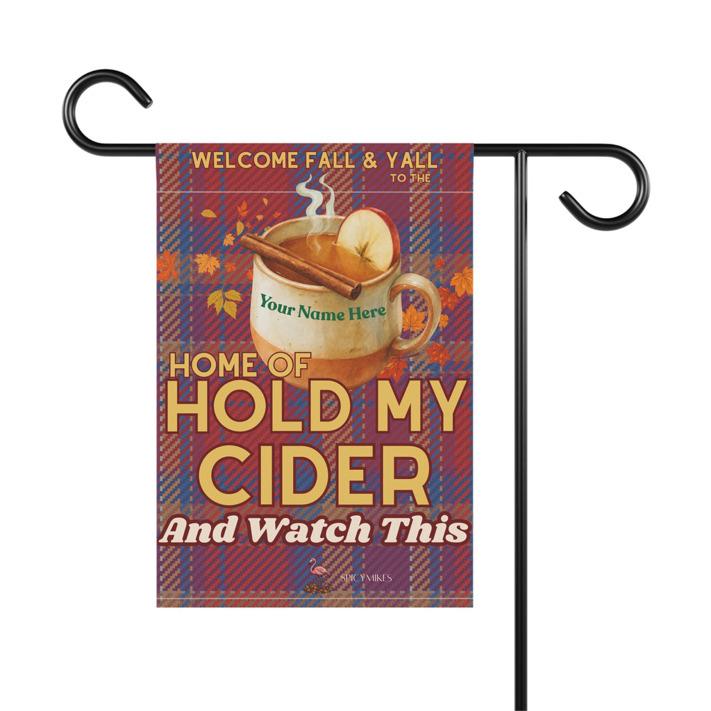 “Home of Hold My Cider and Watch This” Red/Blue Plaid Personalized Welcome Banner Fall Cider Garden Flag –