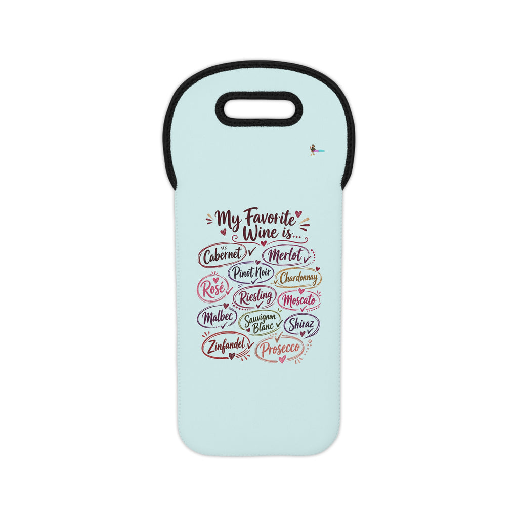 Wine Tote Bag Blue — "My Favorite Wine Is..." Neoprene Bottle Carrier (Cabernet, Merlot, Pinot Noir, Chardonnay)