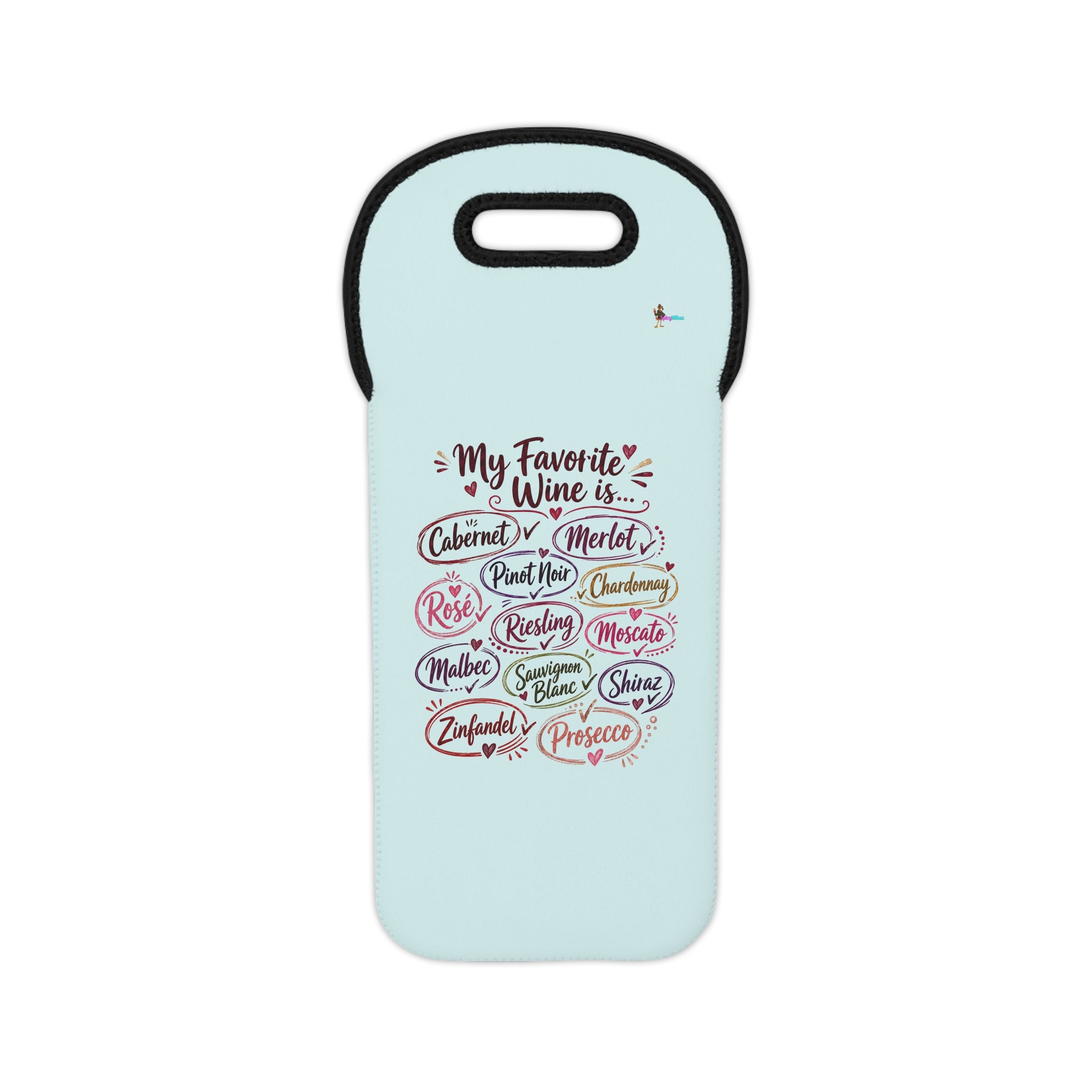 Wine Tote Bag Blue — "My Favorite Wine Is..." Neoprene Bottle Carrier (Cabernet, Merlot, Pinot Noir, Chardonnay)