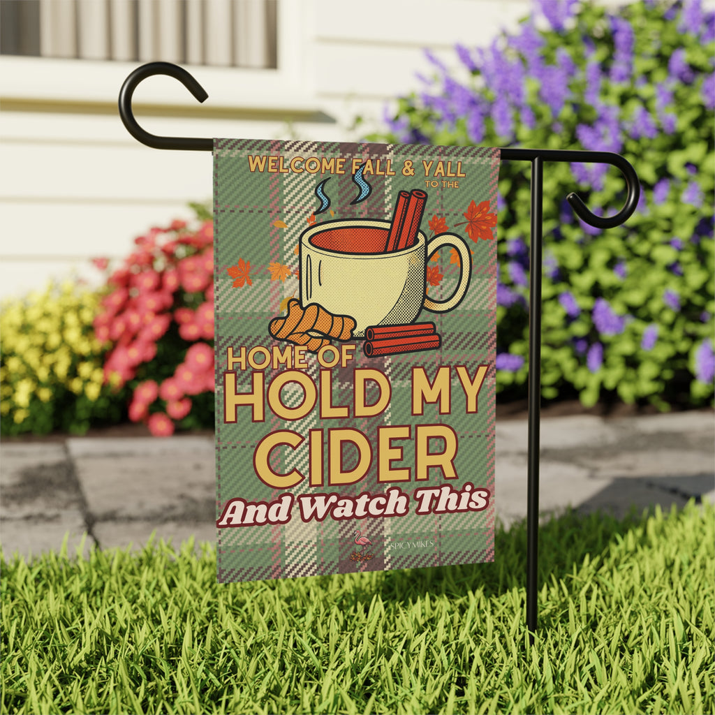 "Home of Hold My Cider" Green Plaid Fall Welcome Banner Garden Flag —