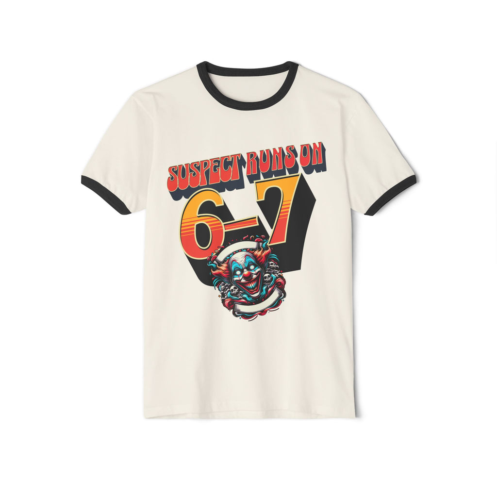 Suspect Runs On 6-7 Retro Clown Graphic Ringer T‑Shirt