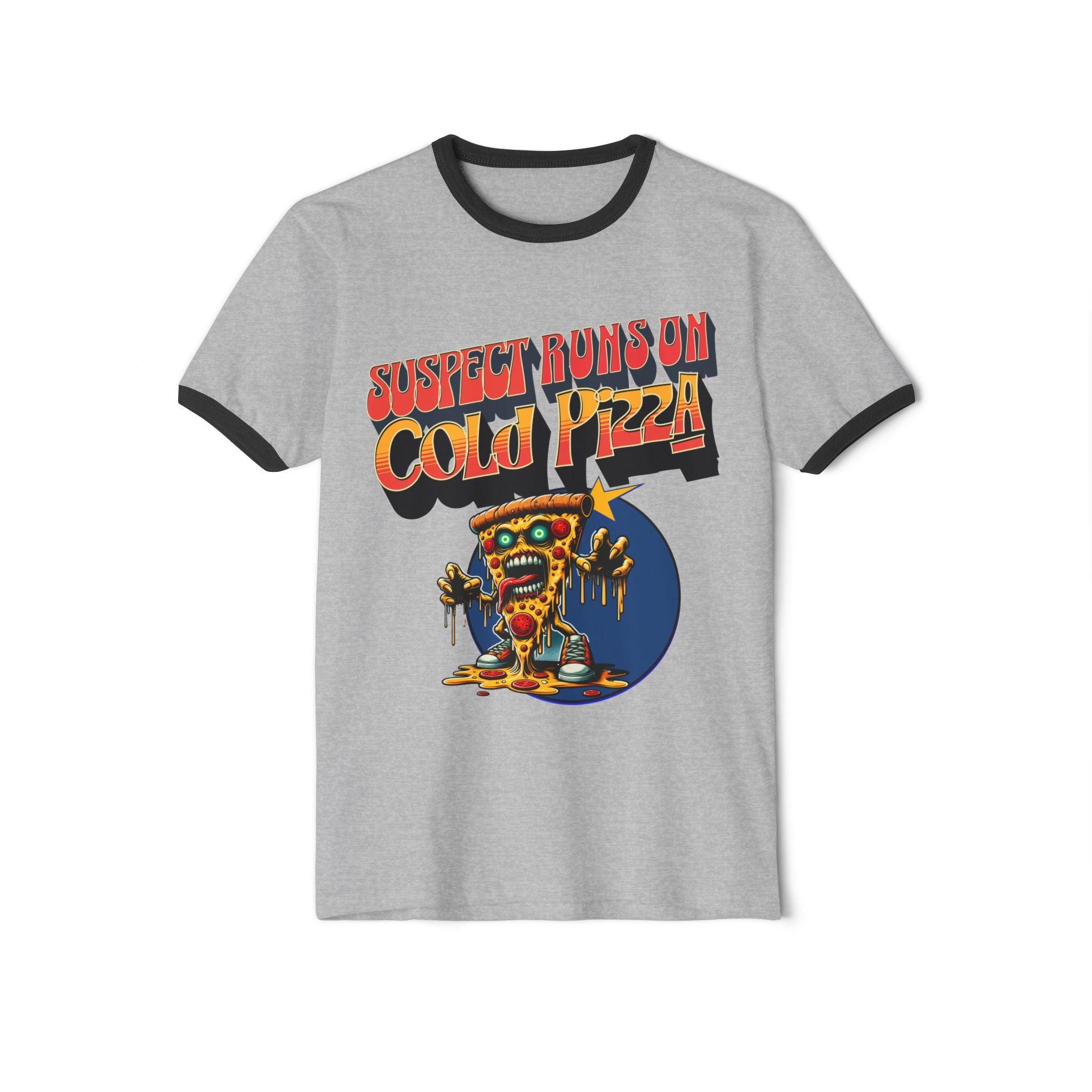 Suspect Runs On Cold Zombie Pizza Graphic Ringer T-Shirt