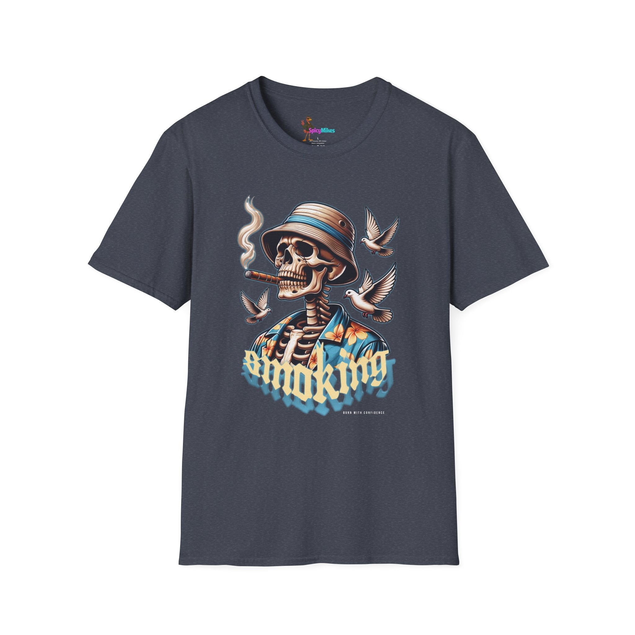 Smoking Skull "Burn With Confidence" Graphic Tee — Retro Skeleton Smoking Design