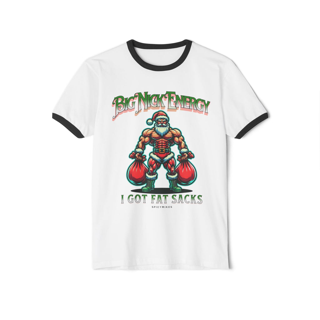 Muscle Santa "Big Nick Energy" with Fat Sacks Ringer Cotton Tee