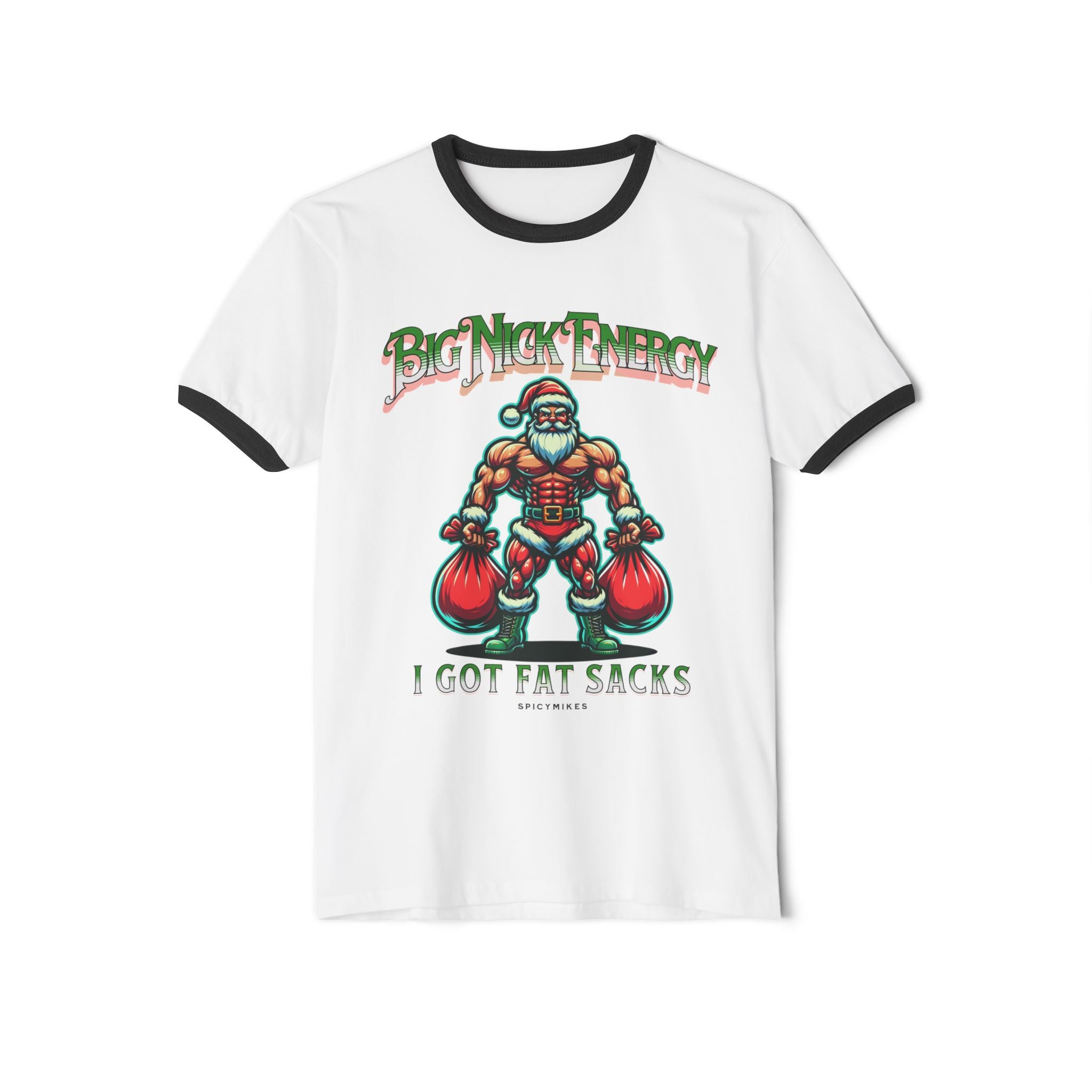 Muscle Santa "Big Nick Energy" with Fat Sacks Ringer Cotton Tee