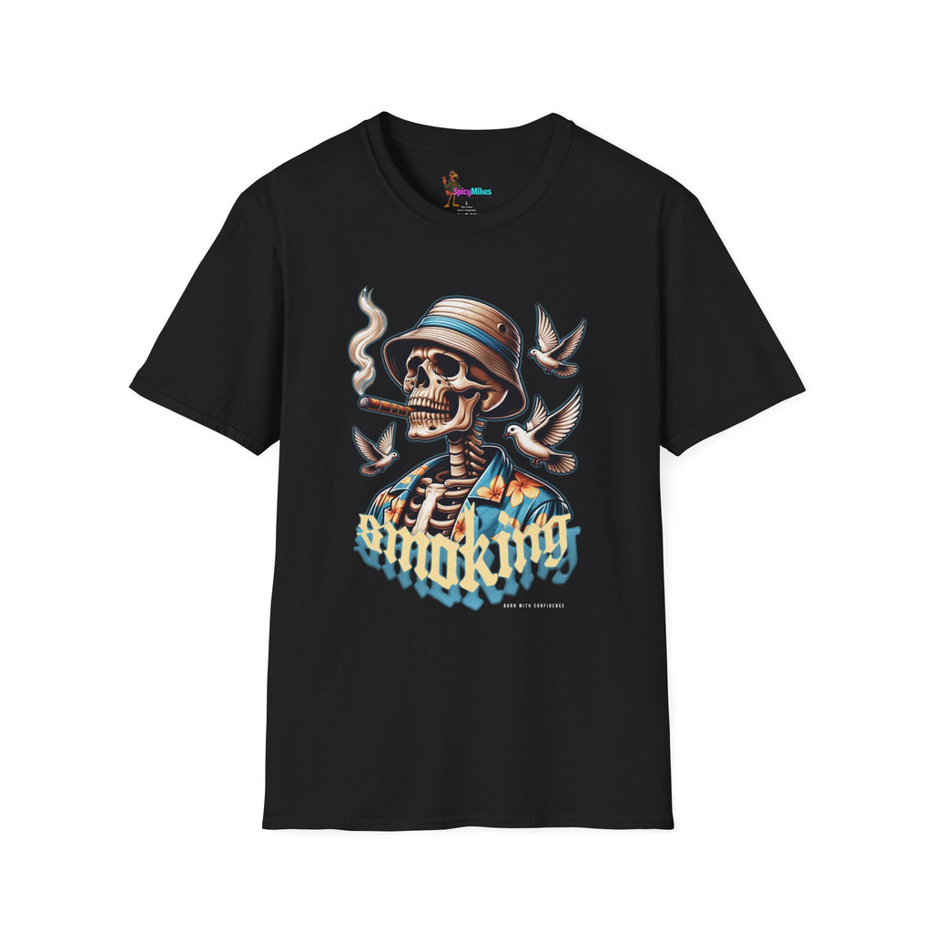 Smoking Skull "Burn With Confidence" Graphic Tee — Retro Skeleton Smoking Design