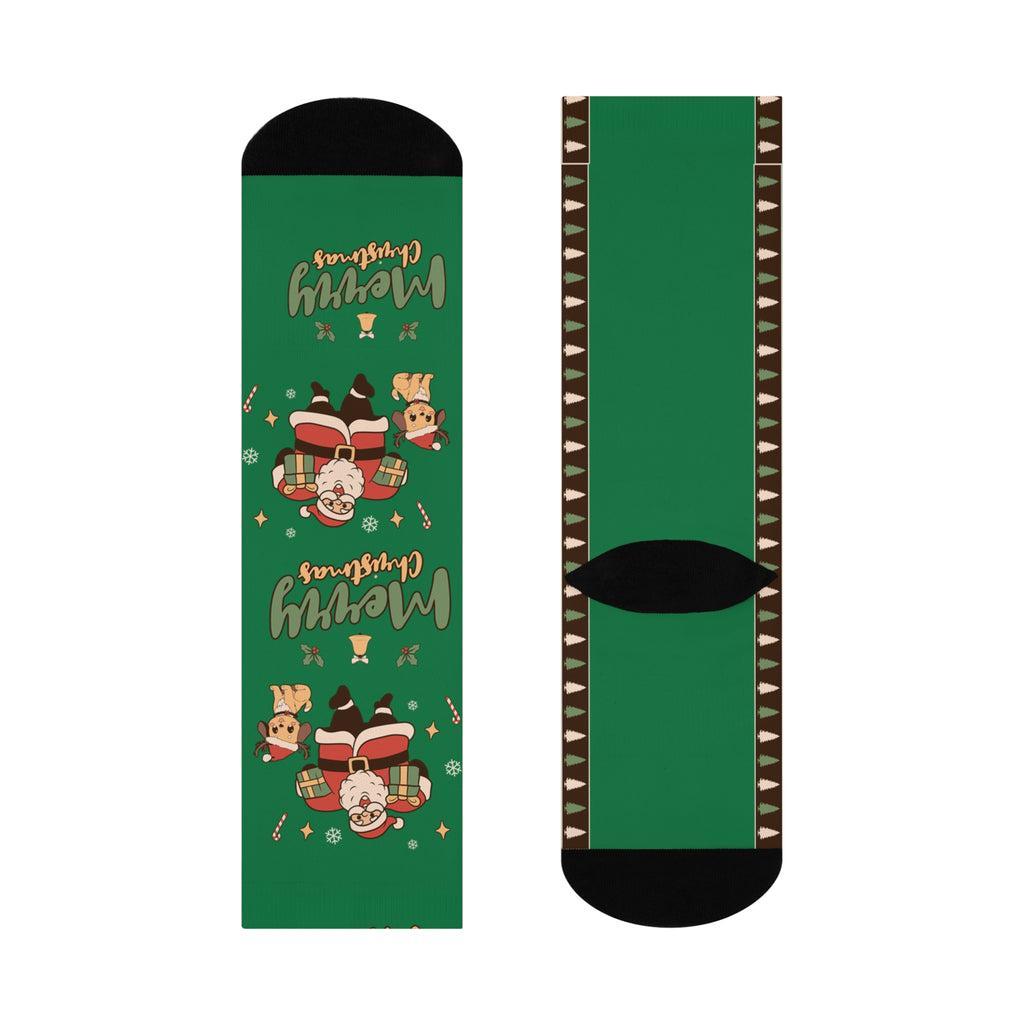 Christmas Santa & Puppy Cushioned Crew Socks — 'Merry Christmas' Green Holiday Socks