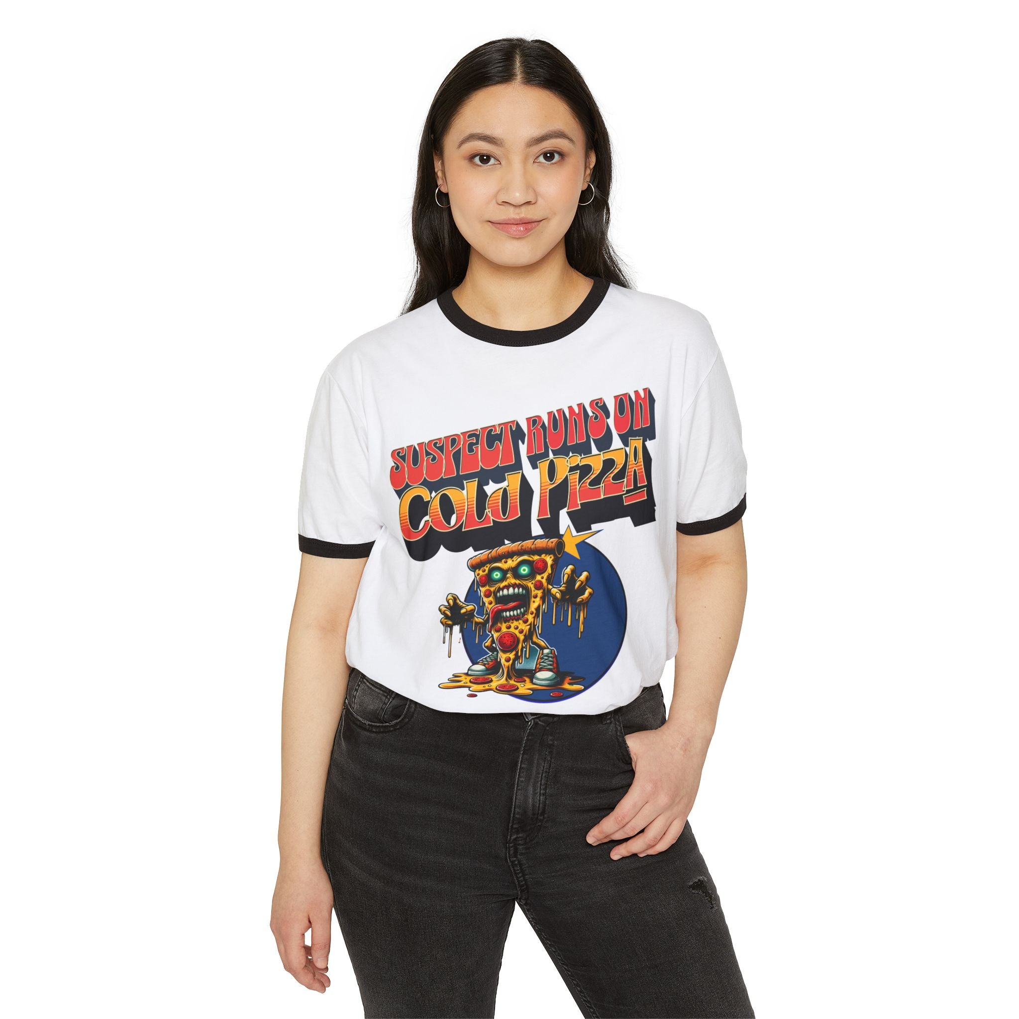Suspect Runs On Cold Zombie Pizza Graphic Ringer T-Shirt