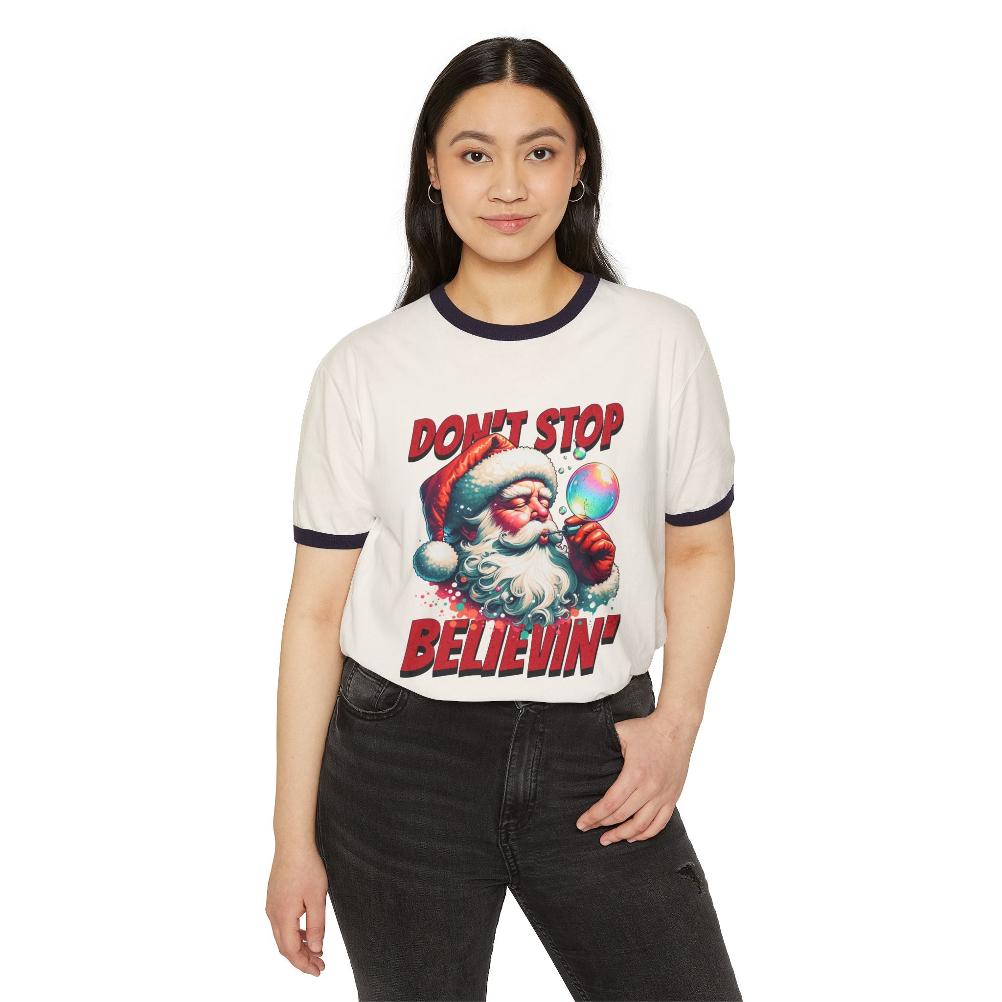 Christmas 'Don't Stop Believin'' Santa Graphic Holiday Tee Ringer T‑Shirt