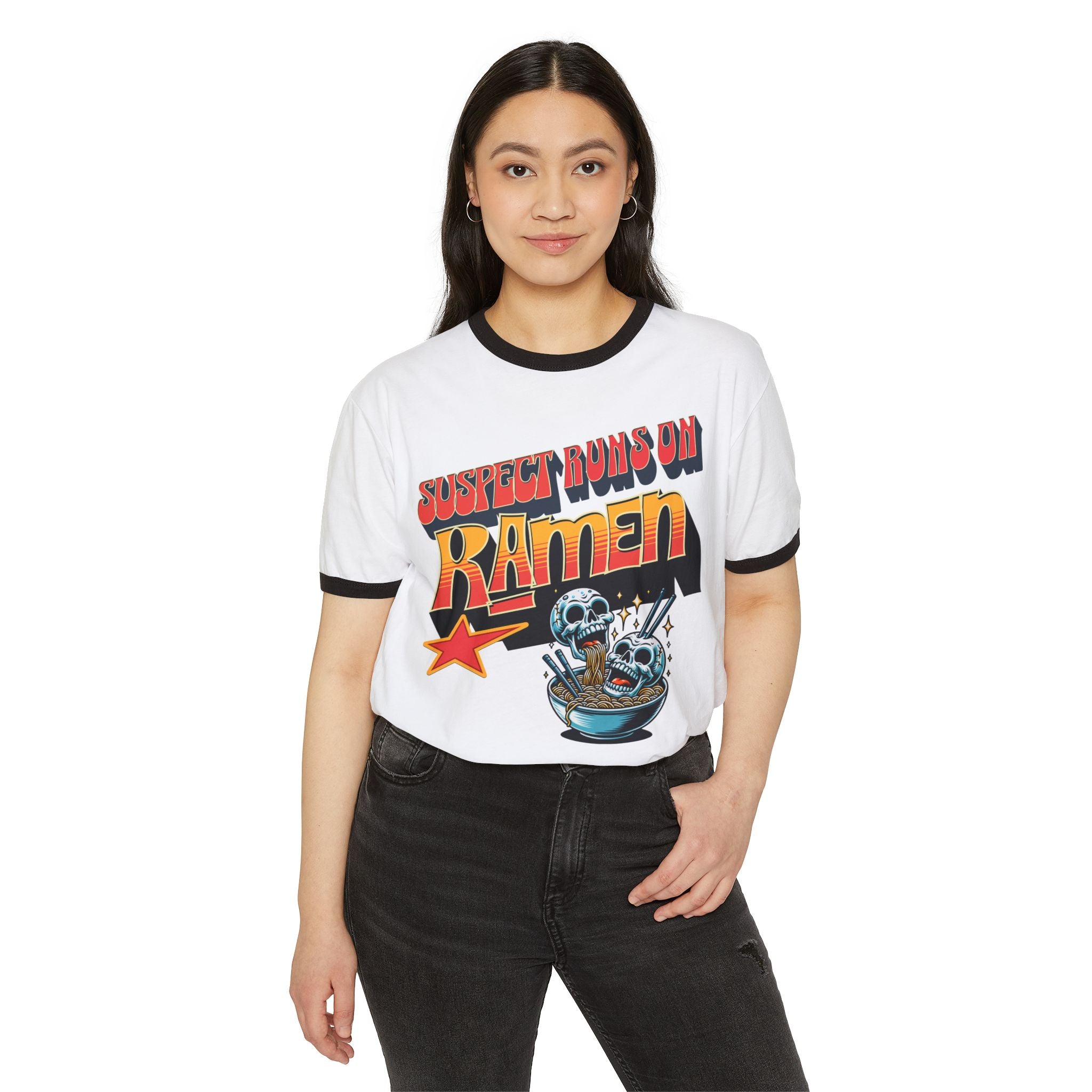 Suspect Runs On Ramen Skull Graphic Ringer Tee