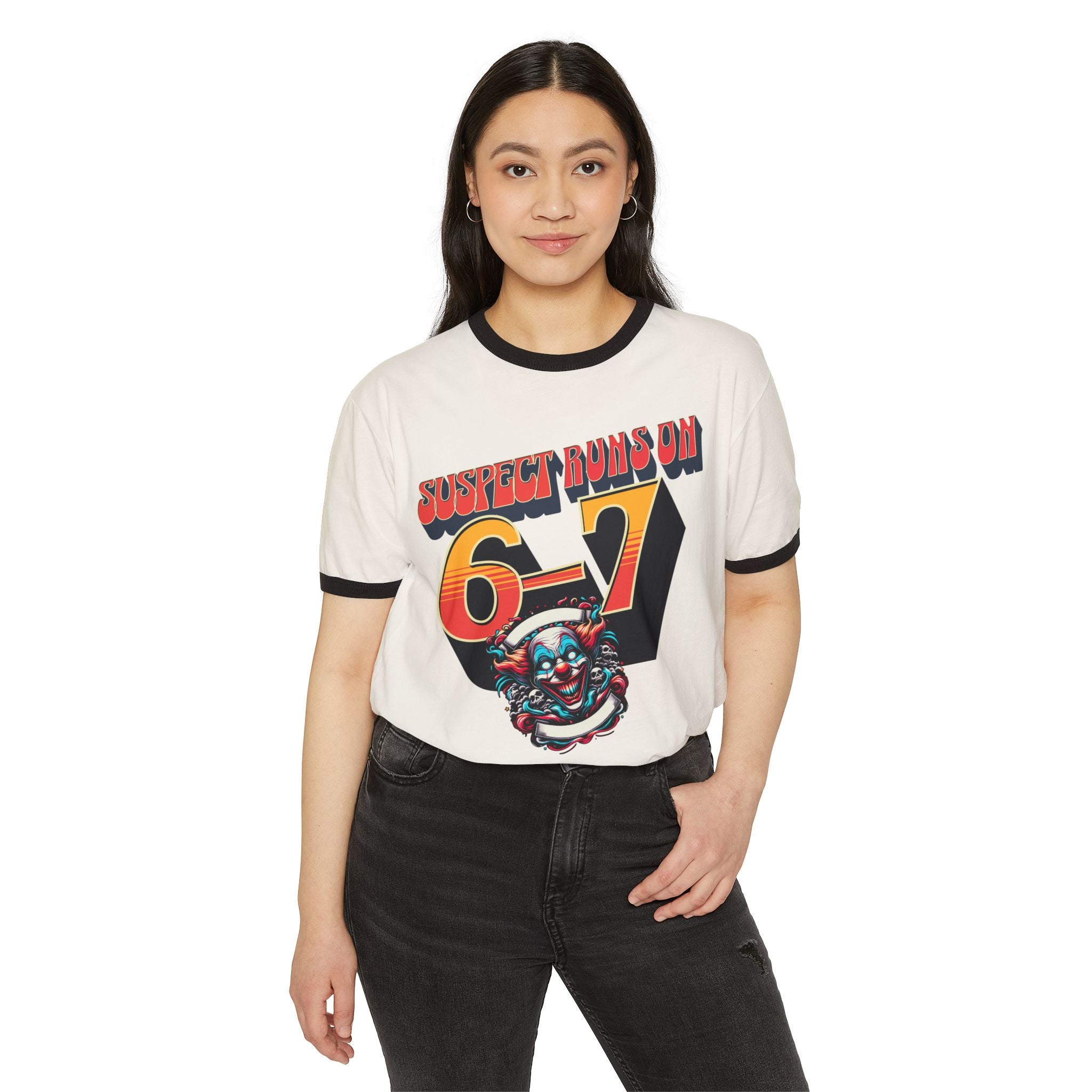 Suspect Runs On 6-7 Retro Clown Graphic Ringer T‑Shirt