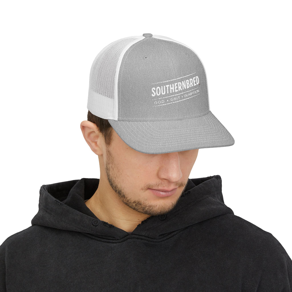Southernbred God, Grit, & Gumption Embroidered Trucker Snapback Mesh Cap