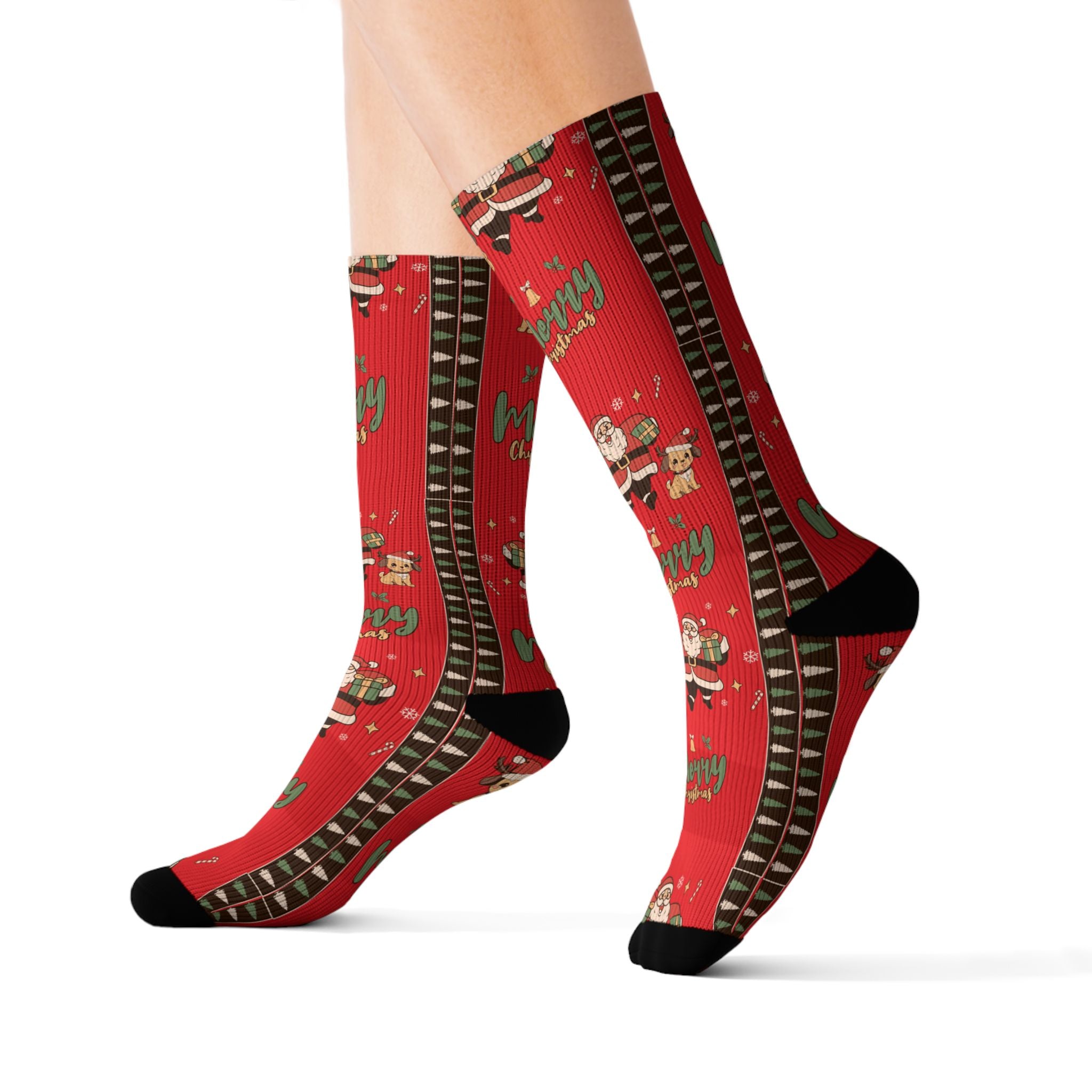 Christmas Santa Pattern Sublimation Socks — Merry & Bright Holiday Crew Socks