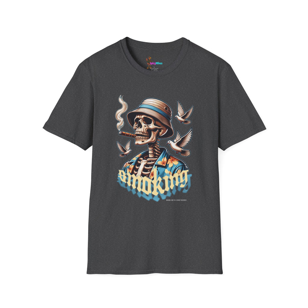 Smoking Skull "Burn With Confidence" Graphic Tee — Retro Skeleton Smoking Design