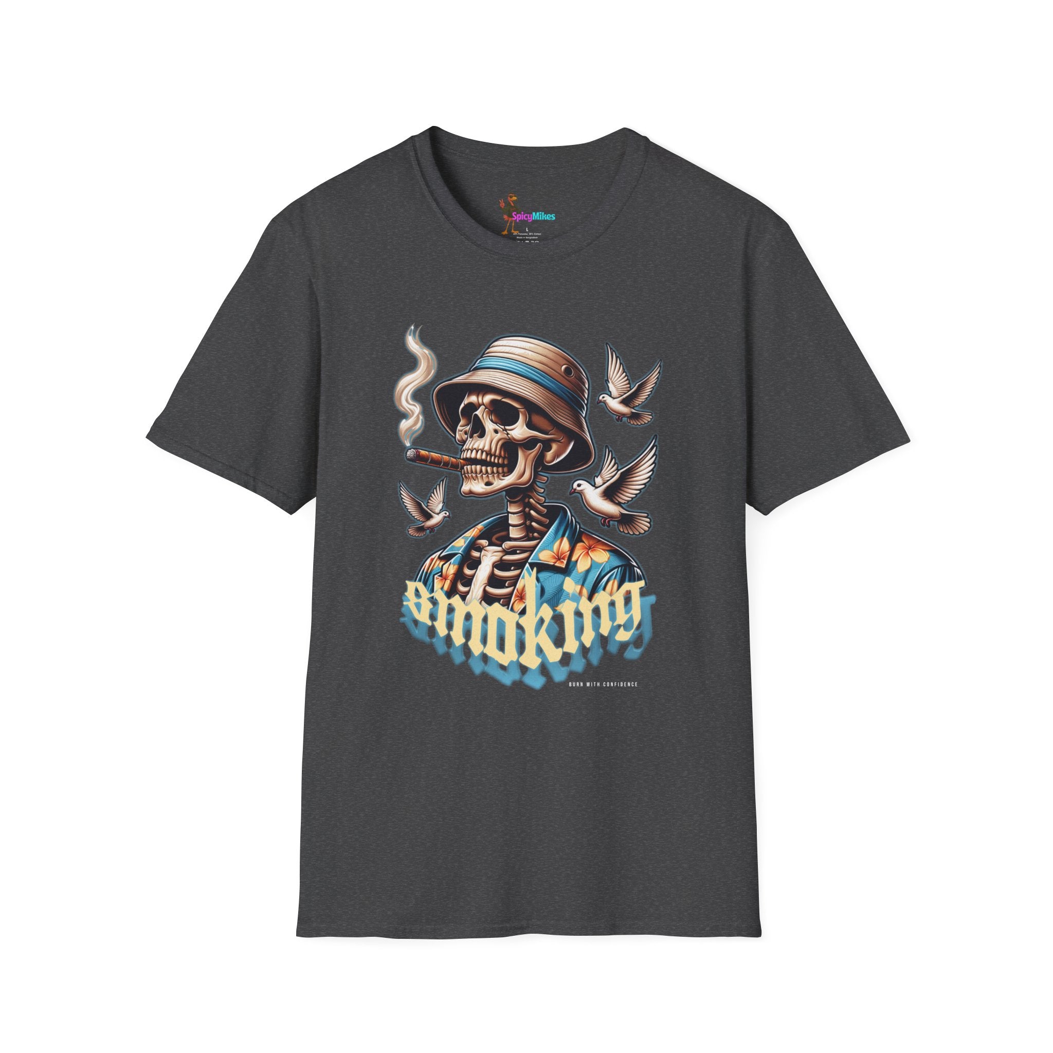 Smoking Skull "Burn With Confidence" Graphic Tee — Retro Skeleton Smoking Design