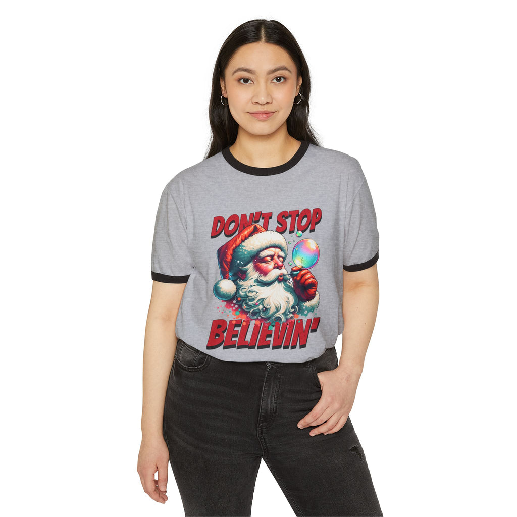 Christmas 'Don't Stop Believin'' Santa Graphic Holiday Tee Ringer T‑Shirt