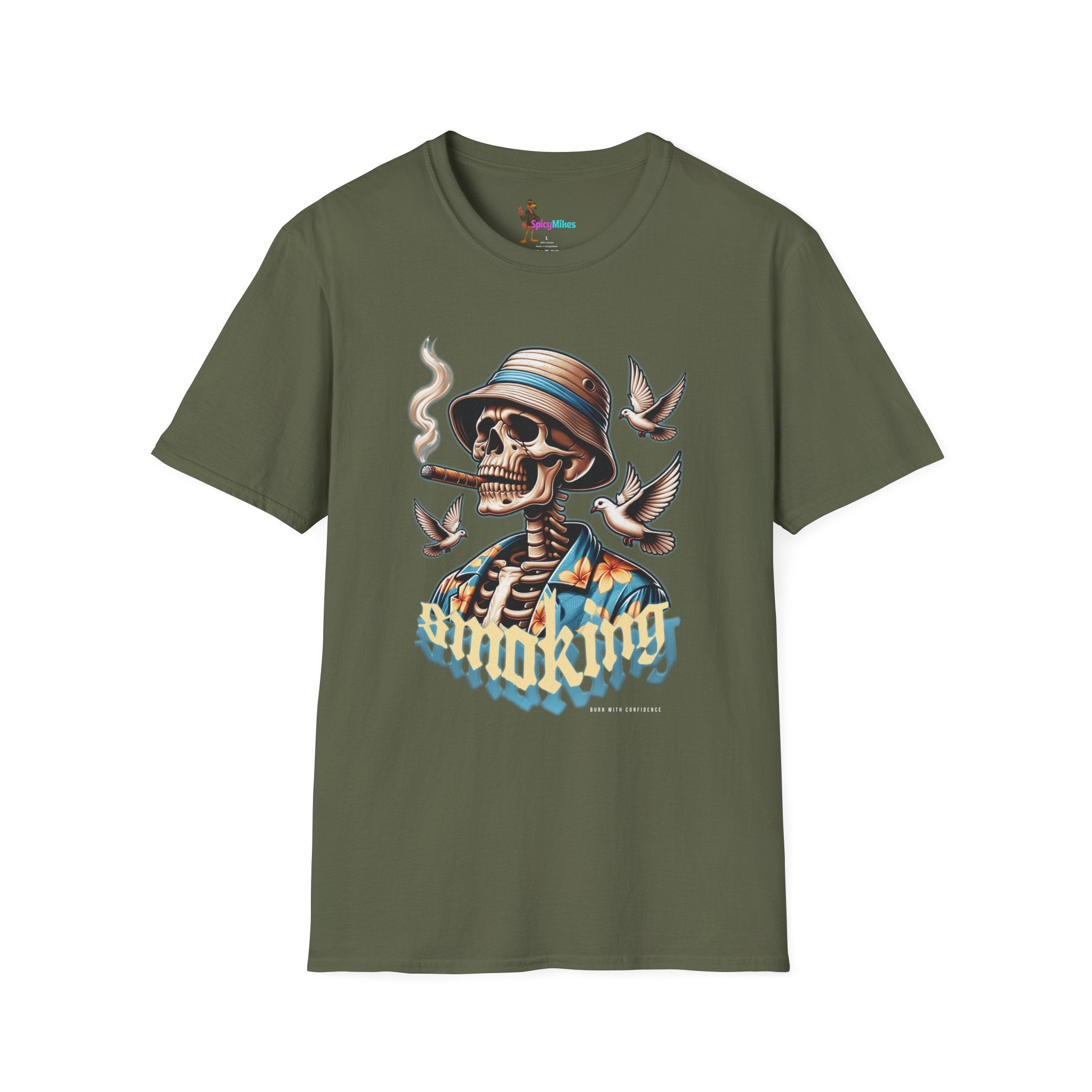Smoking Skull "Burn With Confidence" Graphic Tee — Retro Skeleton Smoking Design