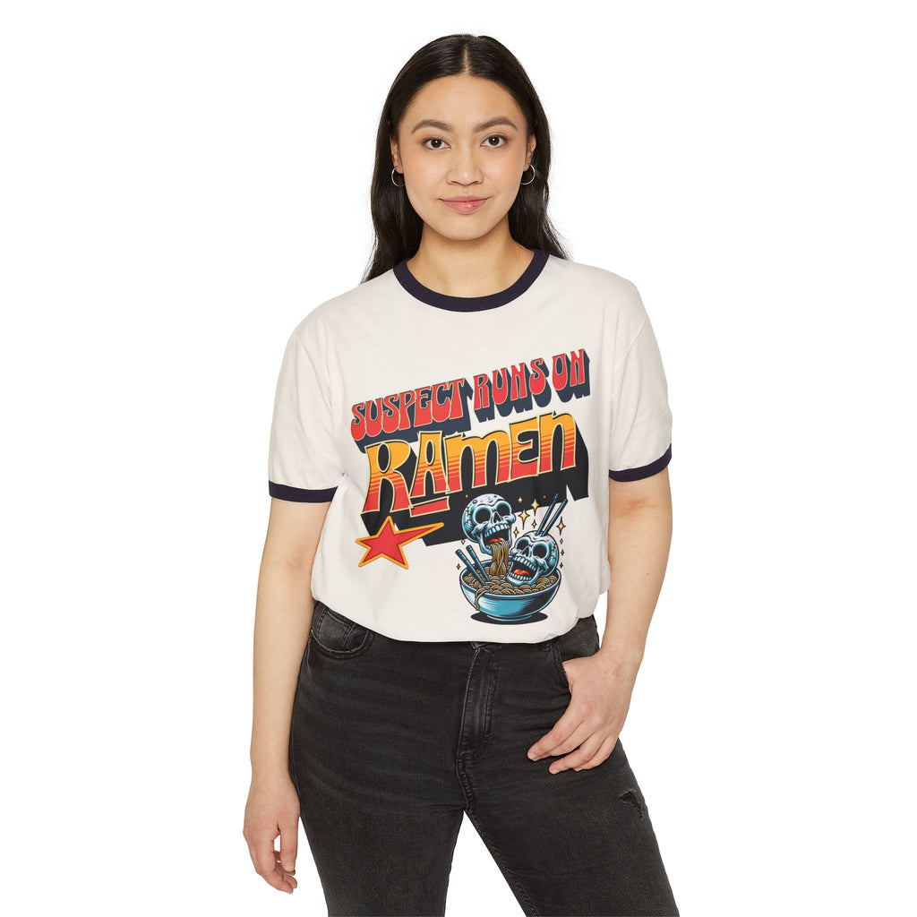 Suspect Runs On Ramen Skull Graphic Ringer Tee