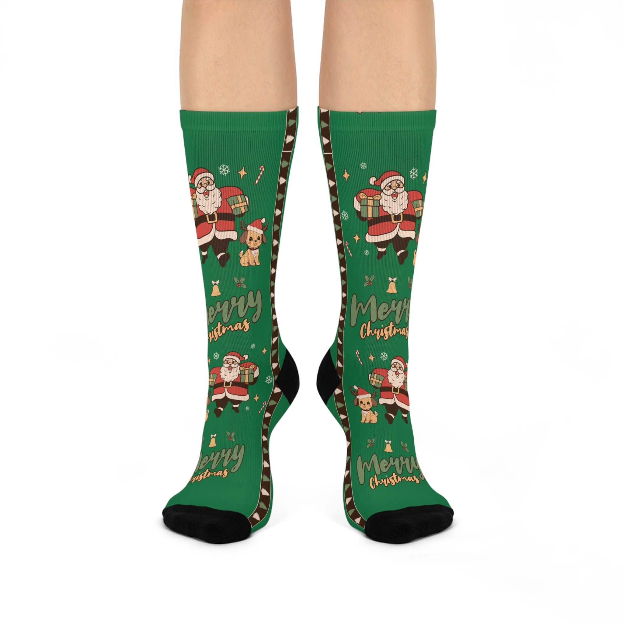 Christmas Santa & Puppy Cushioned Crew Socks — 'Merry Christmas' Green Holiday Socks