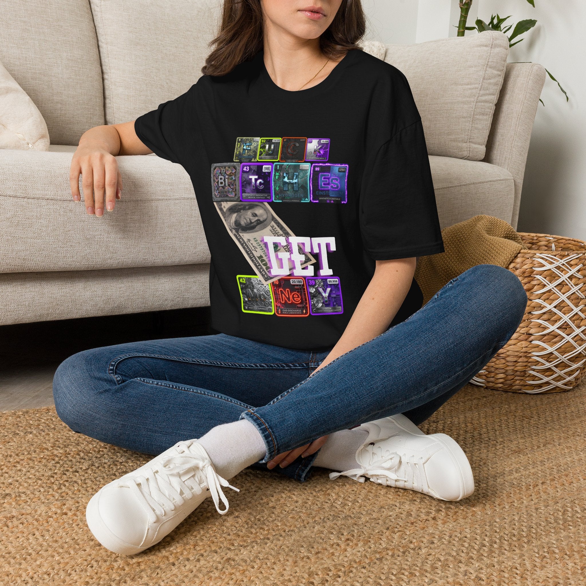 Get Money 100 dollar bill Tee — Retro Neon Periodic Table Design