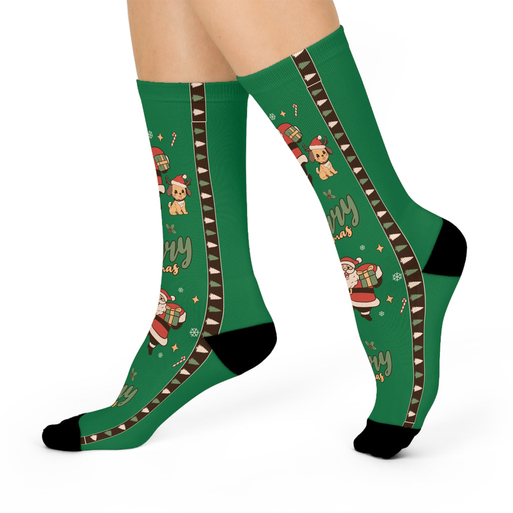 Christmas Santa & Puppy Cushioned Crew Socks — 'Merry Christmas' Green Holiday Socks