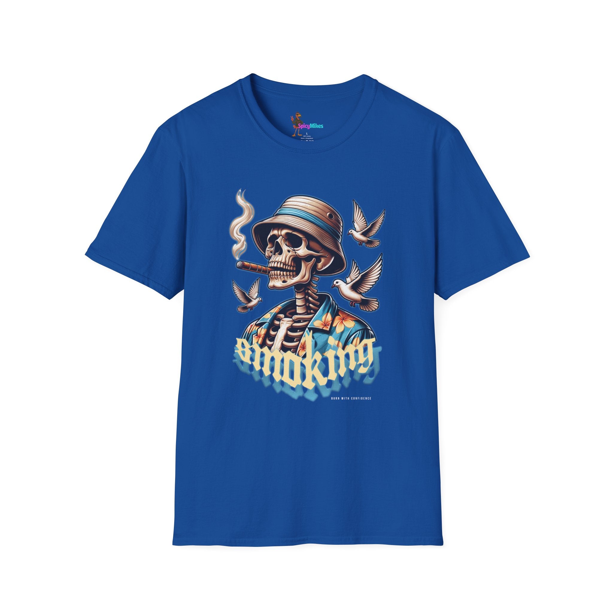 Smoking Skull "Burn With Confidence" Graphic Tee — Retro Skeleton Smoking Design