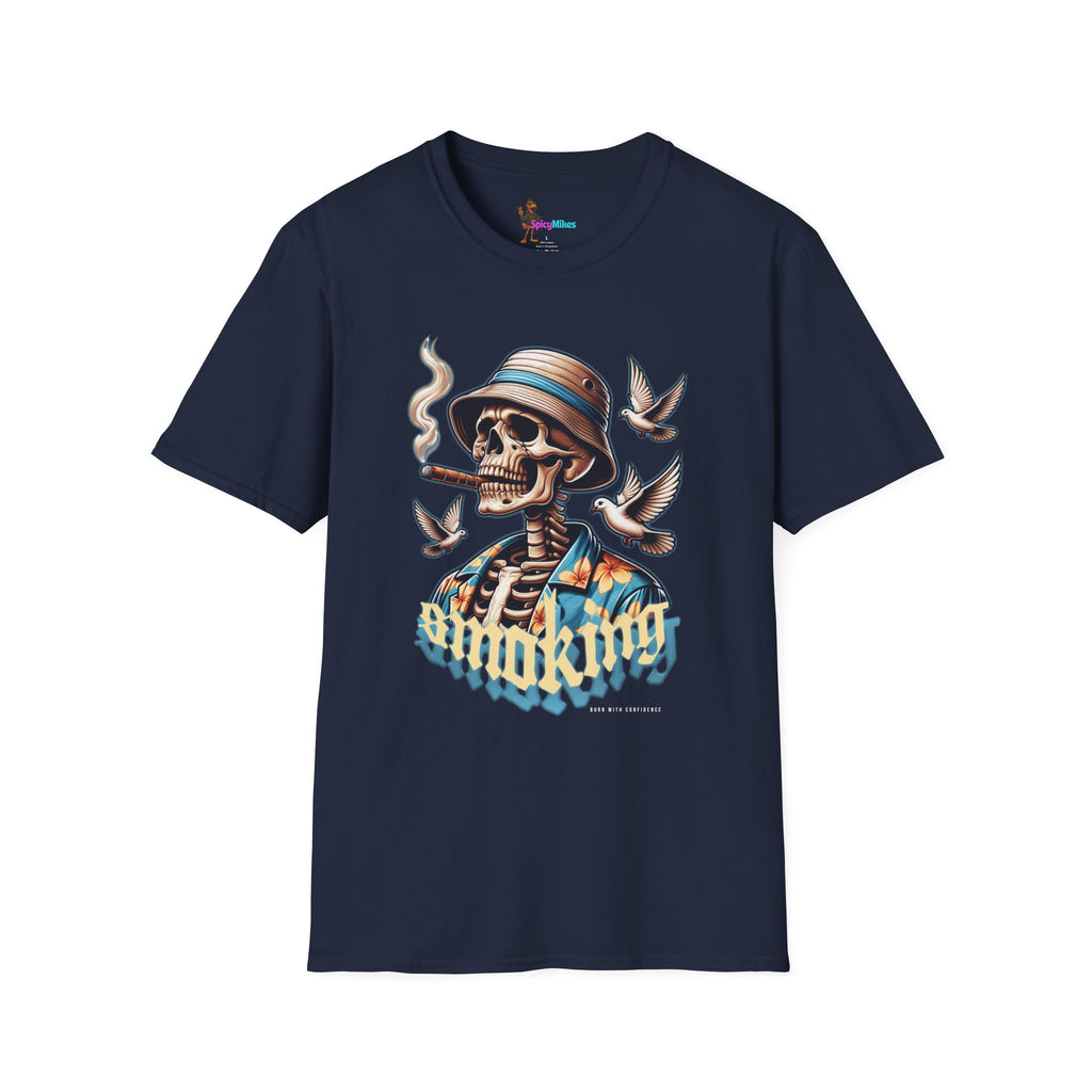 Smoking Skull "Burn With Confidence" Graphic Tee — Retro Skeleton Smoking Design